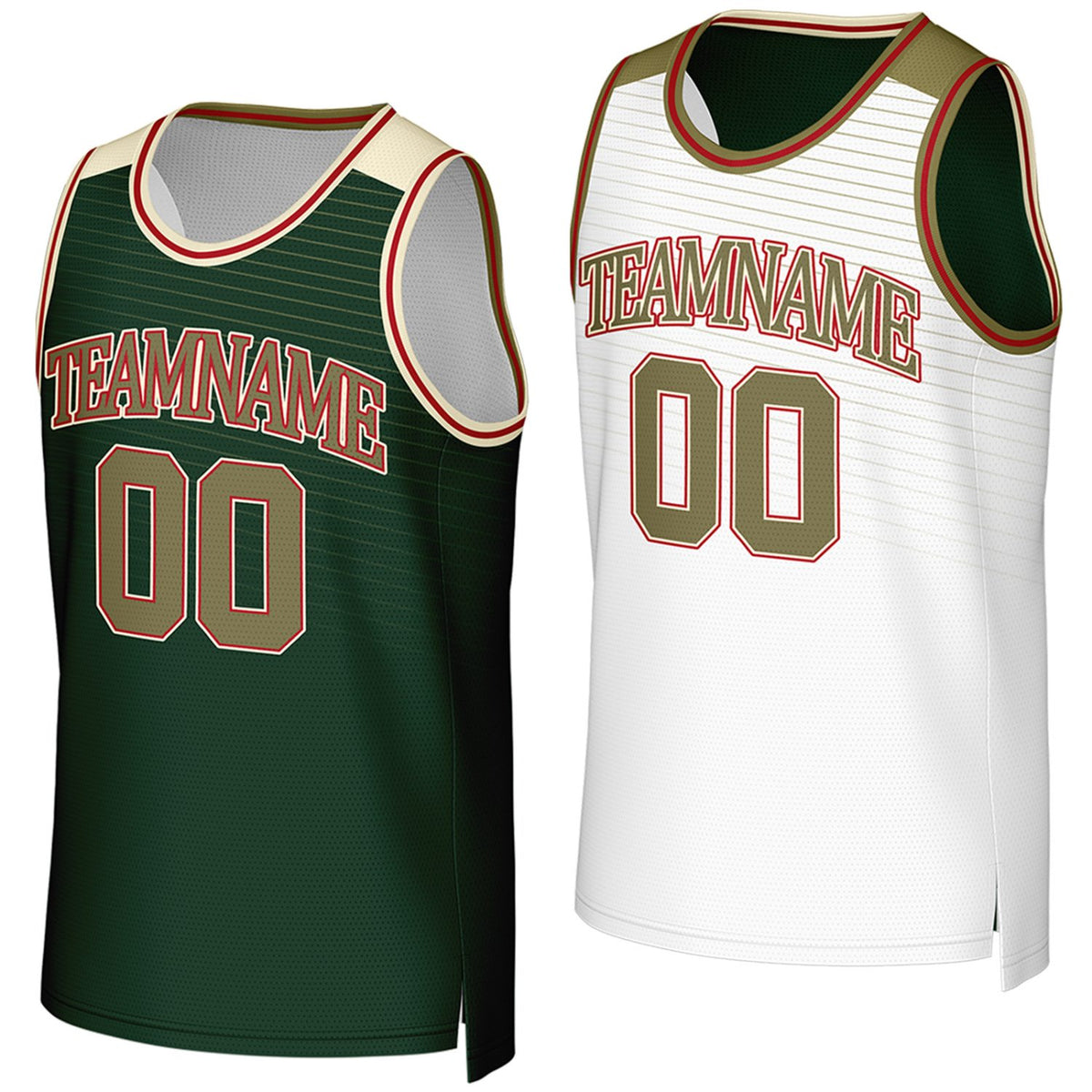 Custom green & white reversible basketball jersey by Vosoli. Personalized with team name, player name, number, and logo on both sides. Breathable mesh 2-in-1 jersey for high school, college, AAU teams.