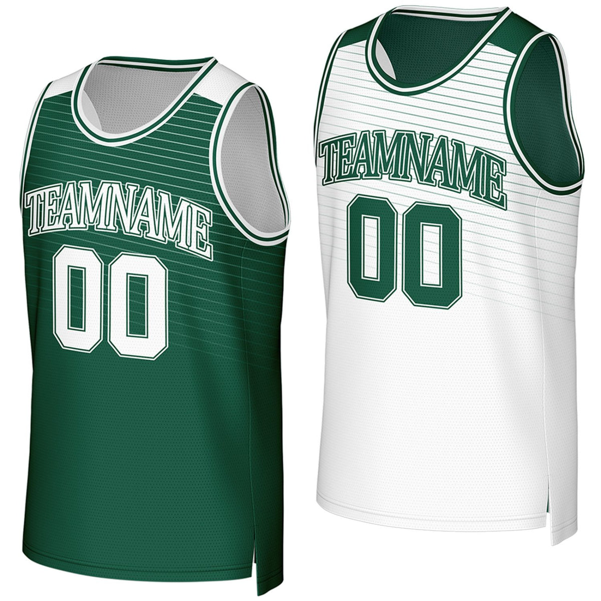 Custom green & white reversible basketball jersey by Vosoli. Personalized with team name, player name, number, and logo on both sides. Breathable mesh 2-in-1 jersey for high school, college, AAU teams.