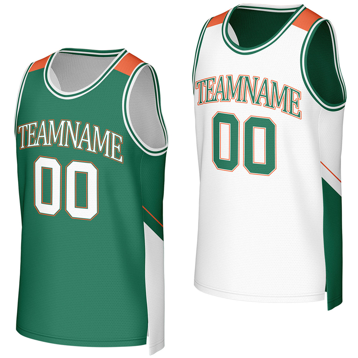 Custom green & white reversible basketball jersey by Vosoli. Personalized with team name, player name, number, and logo on both sides. Breathable mesh 2-in-1 jersey for high school, college, AAU teams.