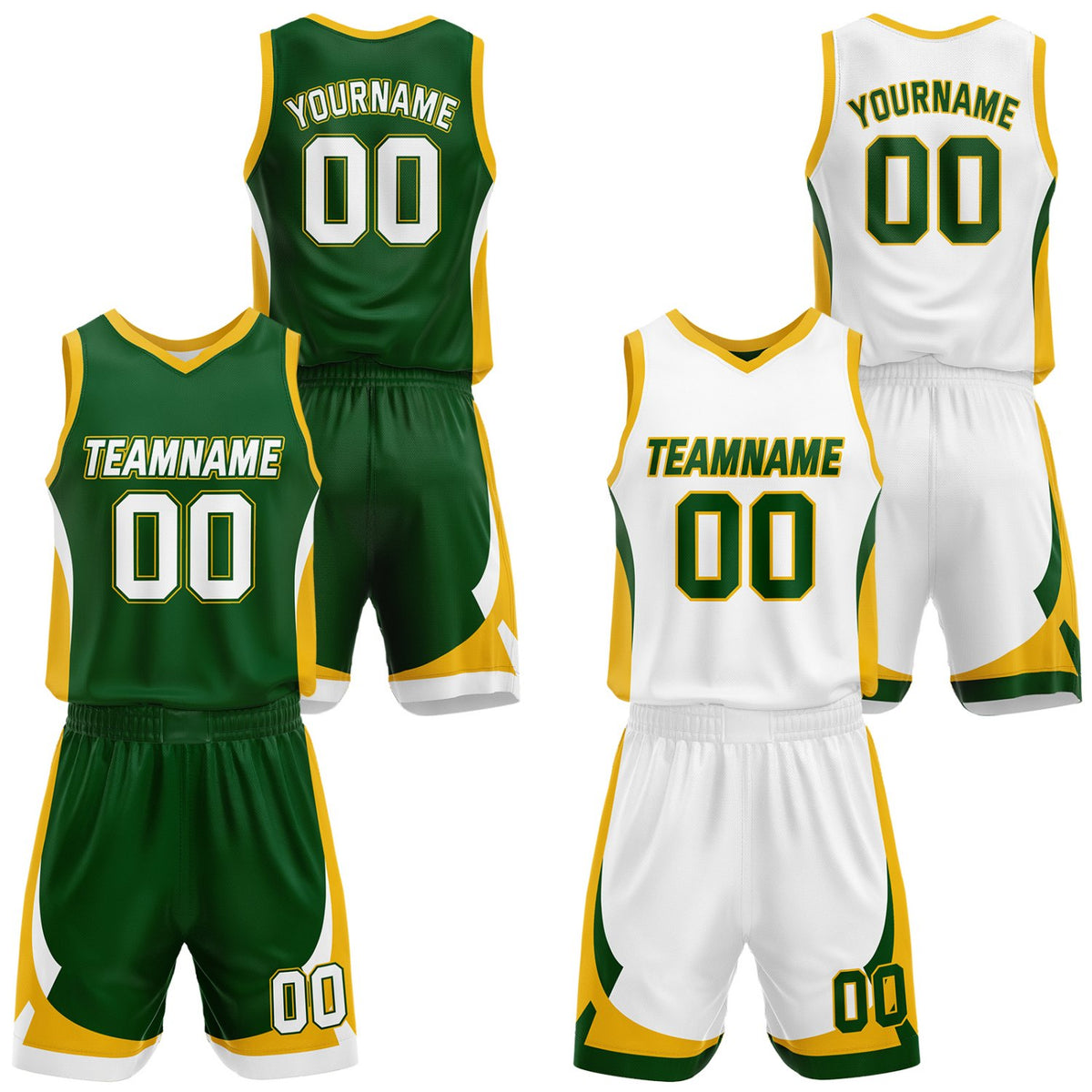 Custom green &amp; white reversible basketball jersey set with shorts by Vosoli | Personalized team name, number &amp; logo | Breathable mesh sport jersey uniform