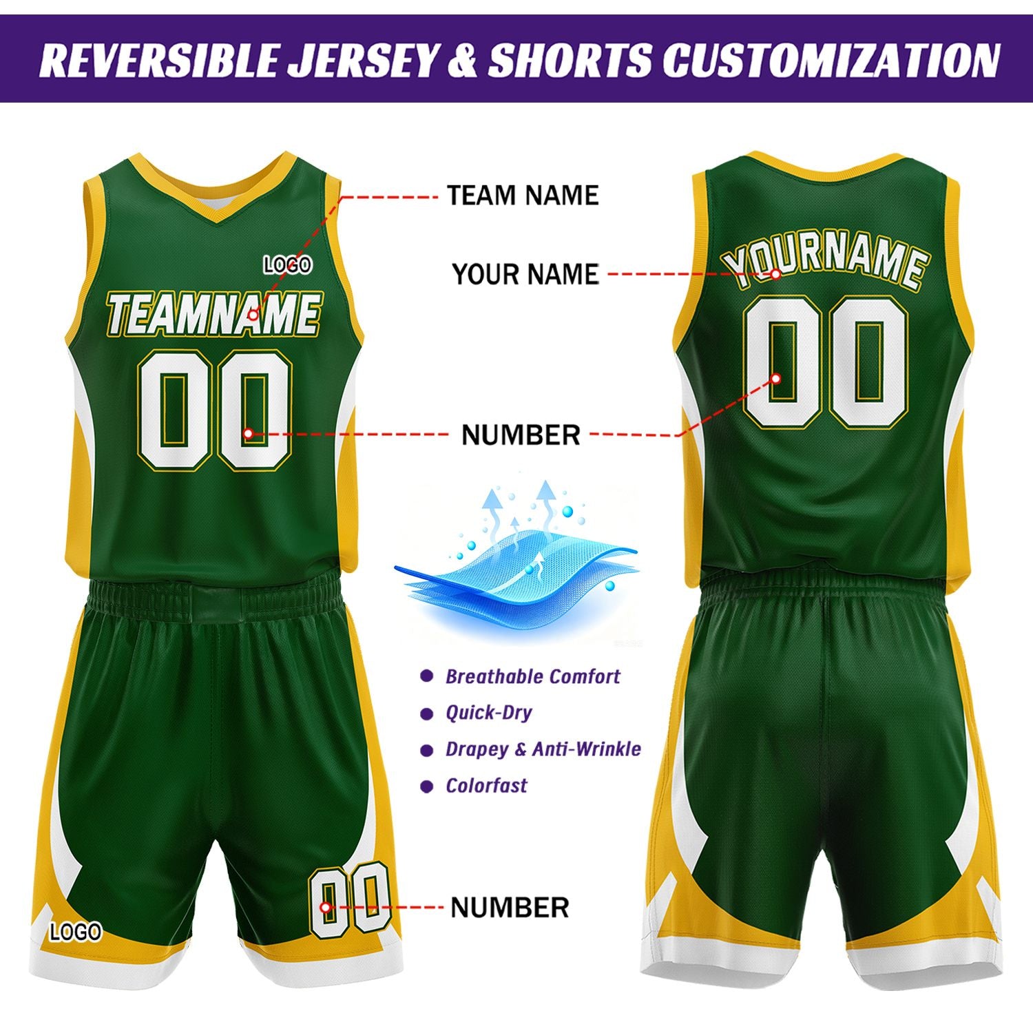 Custom Green White Reversible Basketball Jersey Set | Personalized Name Number Mesh Sports Uniform