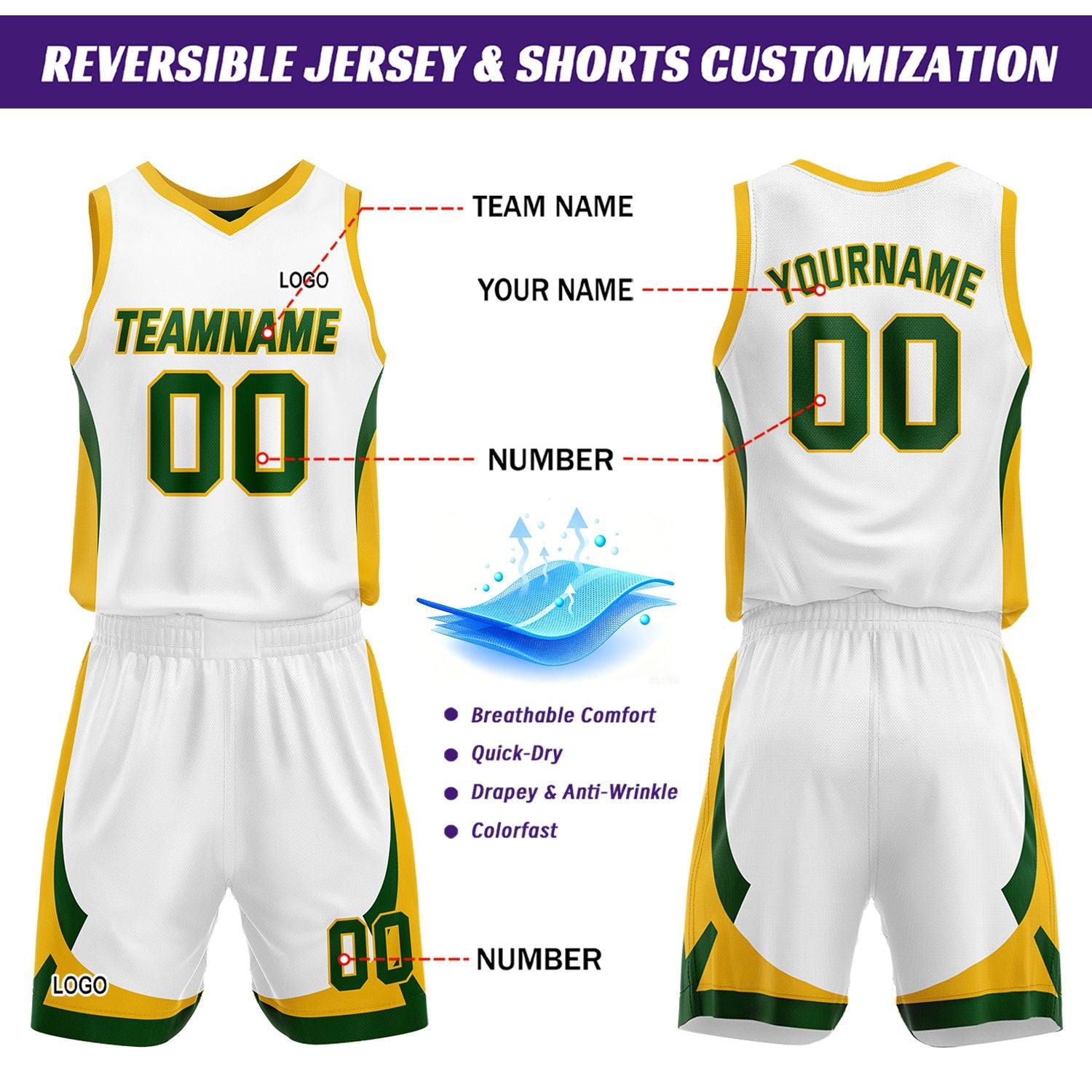 Custom Green White Reversible Basketball Jersey Set | Personalized Name Number Mesh Sports Uniform