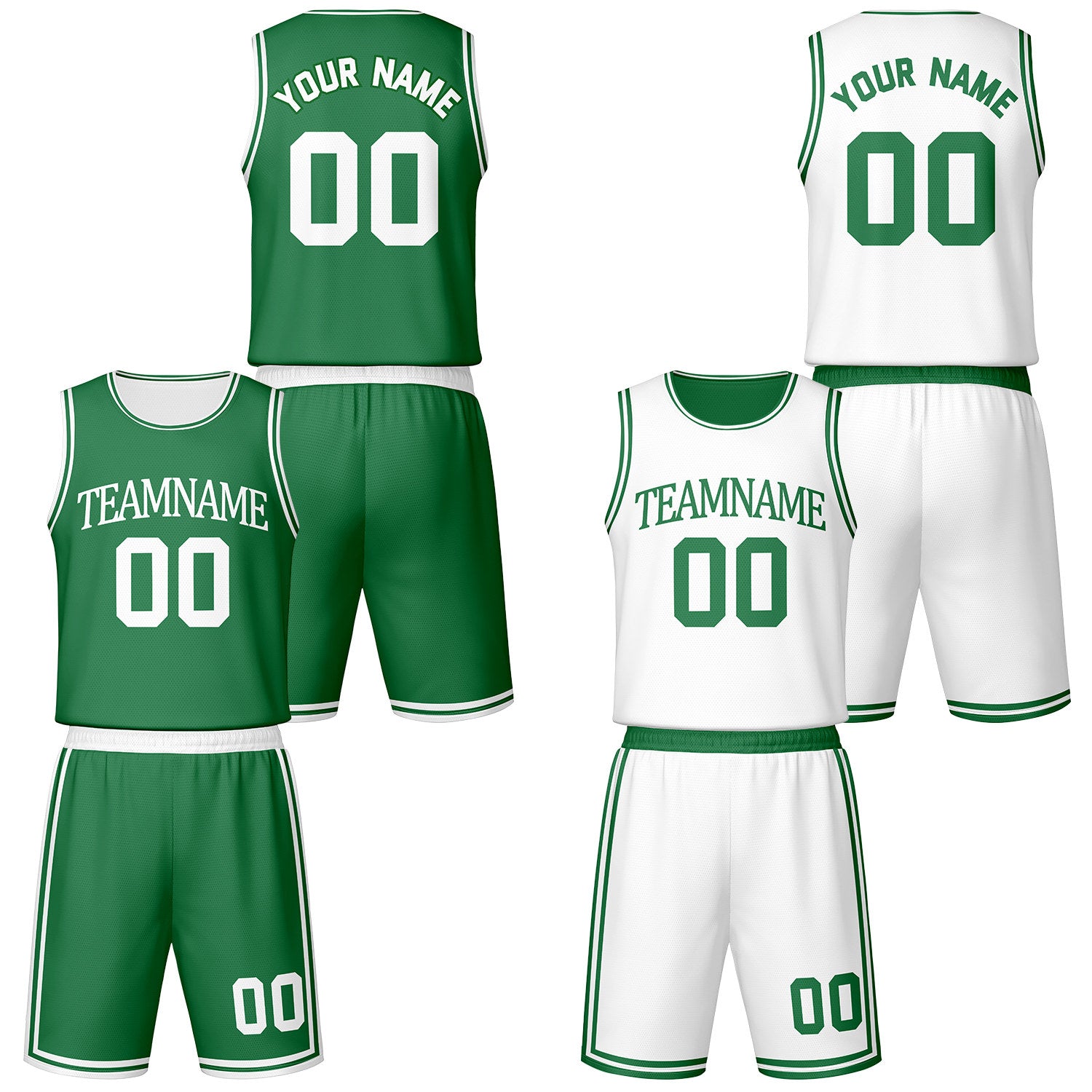 Custom green & white reversible basketball jersey shorts set by Vosoli | Personalized team name number vintage uniform sportswear