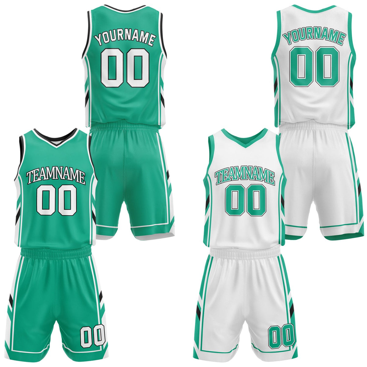 Custom green &amp; white reversible basketball uniform set by Vosoli | Personalized team name, number &amp; logo | Breathable mesh jersey and shorts sport set