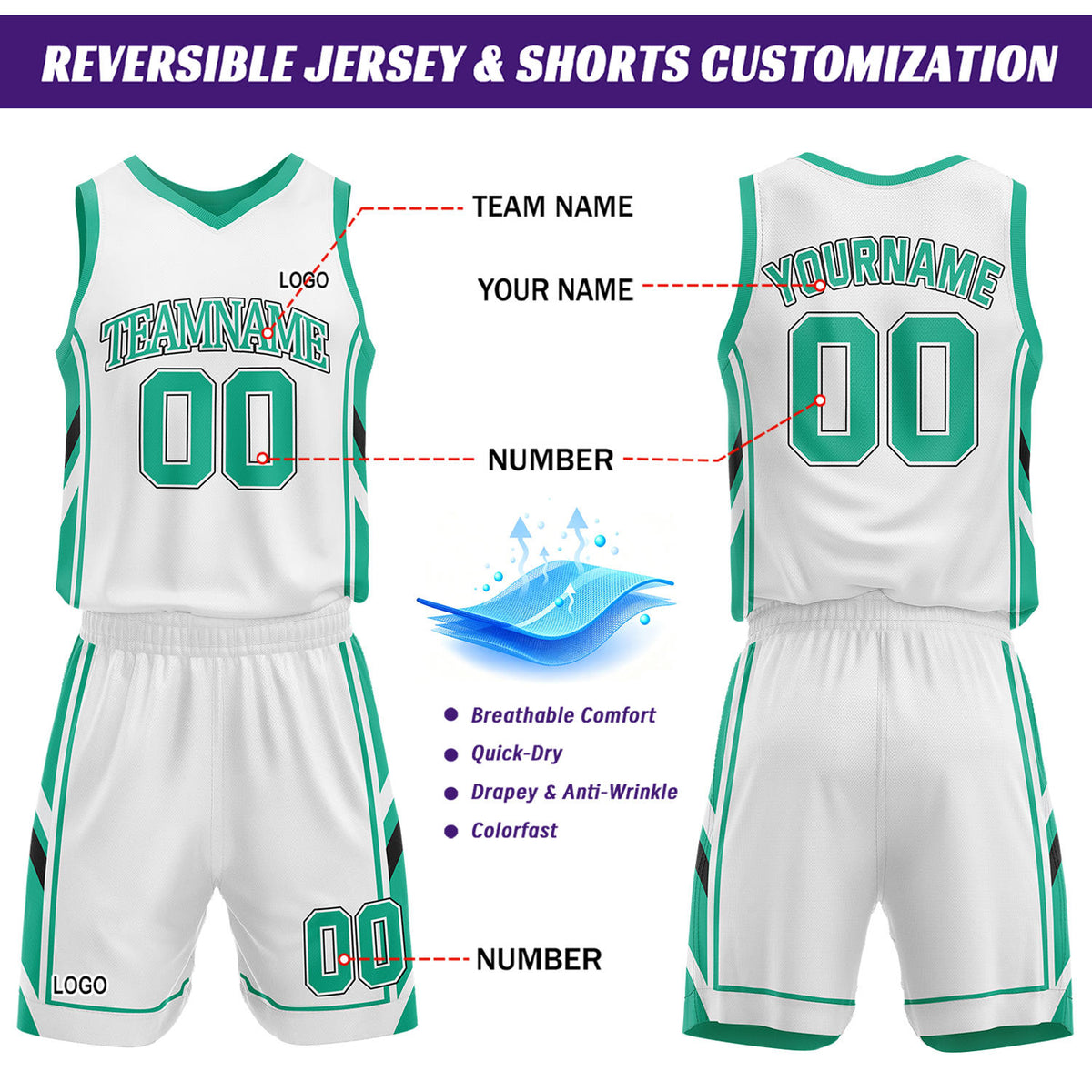 Custom Green & White Reversible Basketball Uniform Set | Personalized Name Number Sports Jersey Shorts Kit
