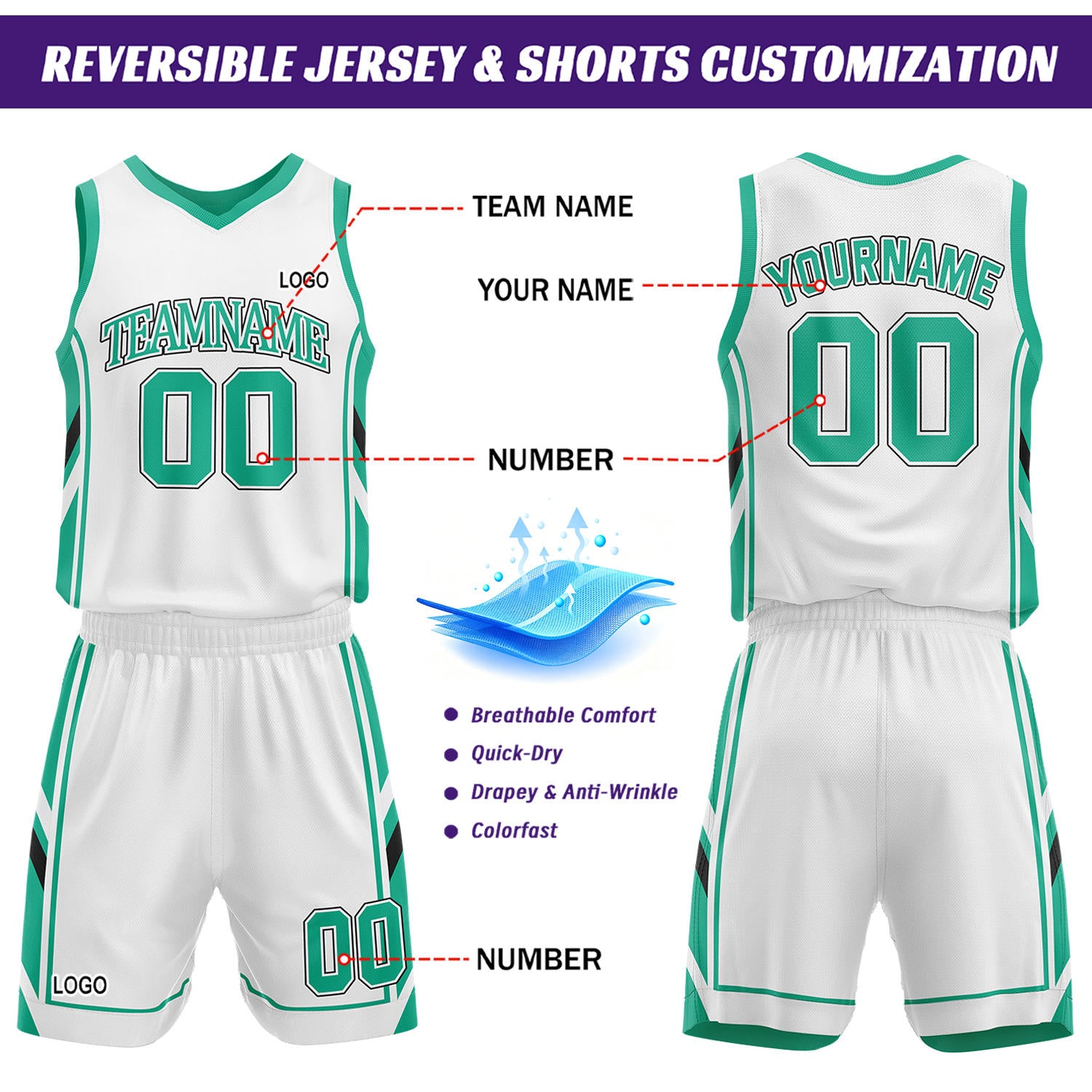 Custom Green & White Reversible Basketball Uniform Set | Personalized Name Number Sports Jersey Shorts Kit