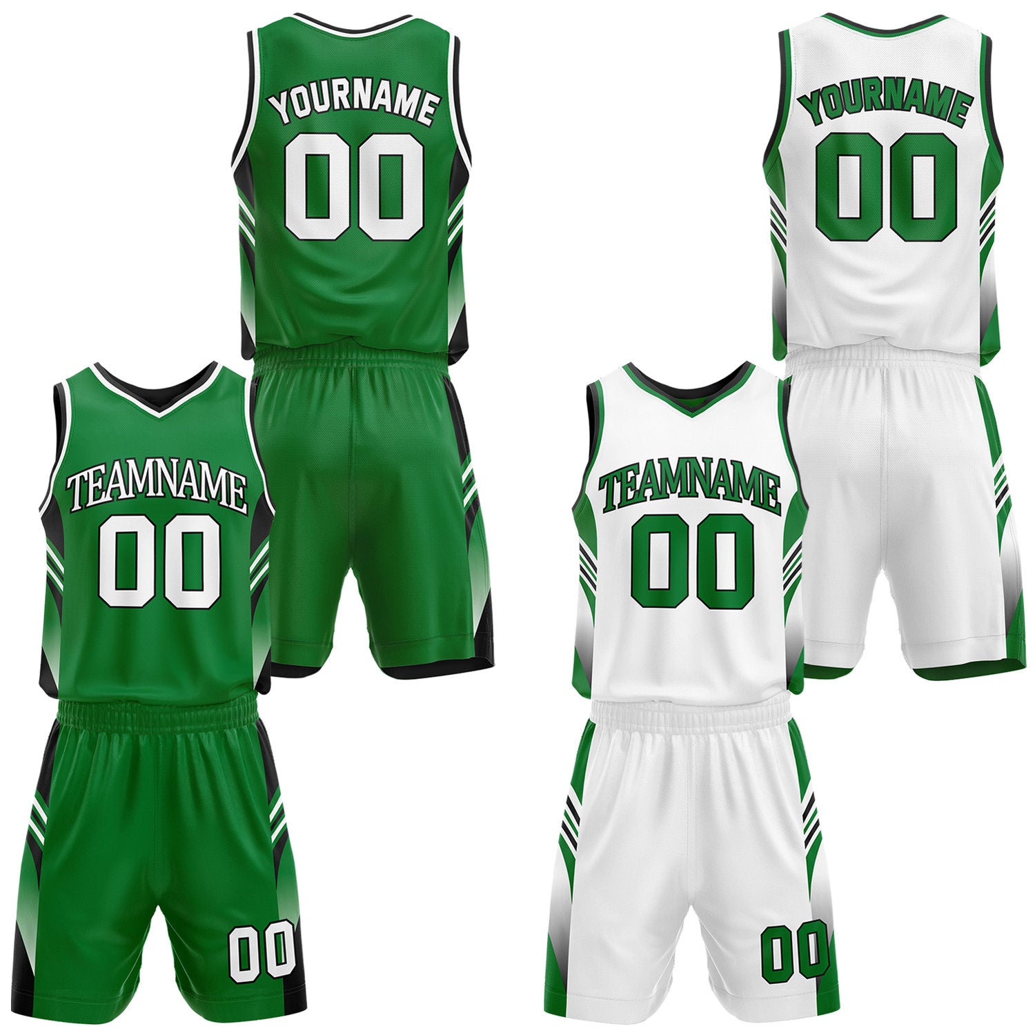 Custom green and white reversible basketball uniform by Vosoli. Personalized with team name, number, and logo. Breathable mesh jersey and shorts for high school, college, AAU teams.