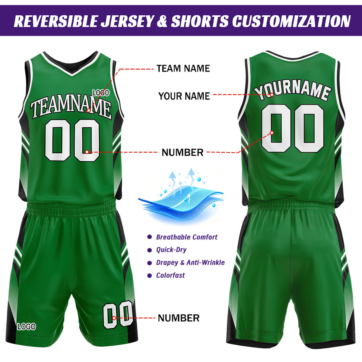 Custom Green & White Reversible Basketball Uniform Set | Personalized Team Jersey Kit