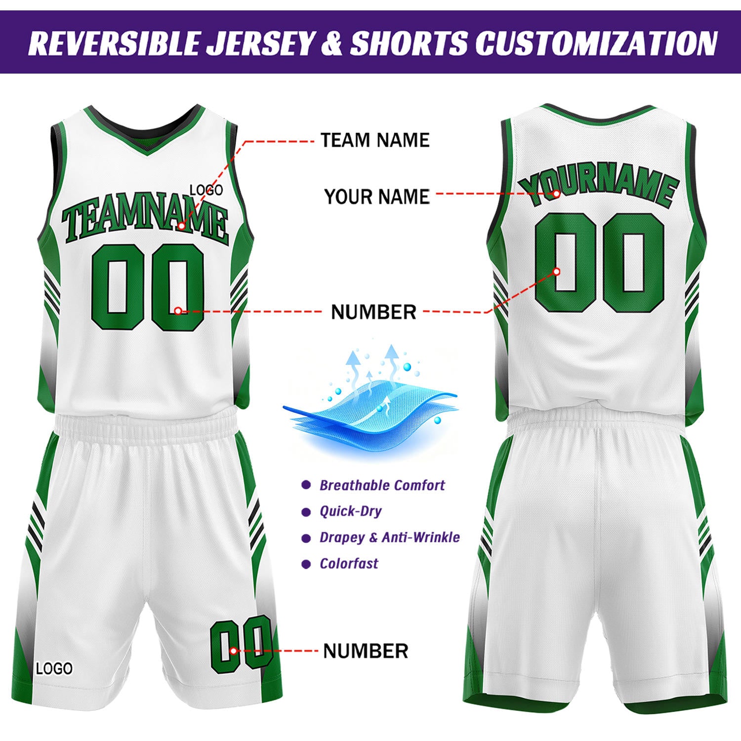 Custom Green & White Reversible Basketball Uniform Set | Personalized Team Jersey Kit