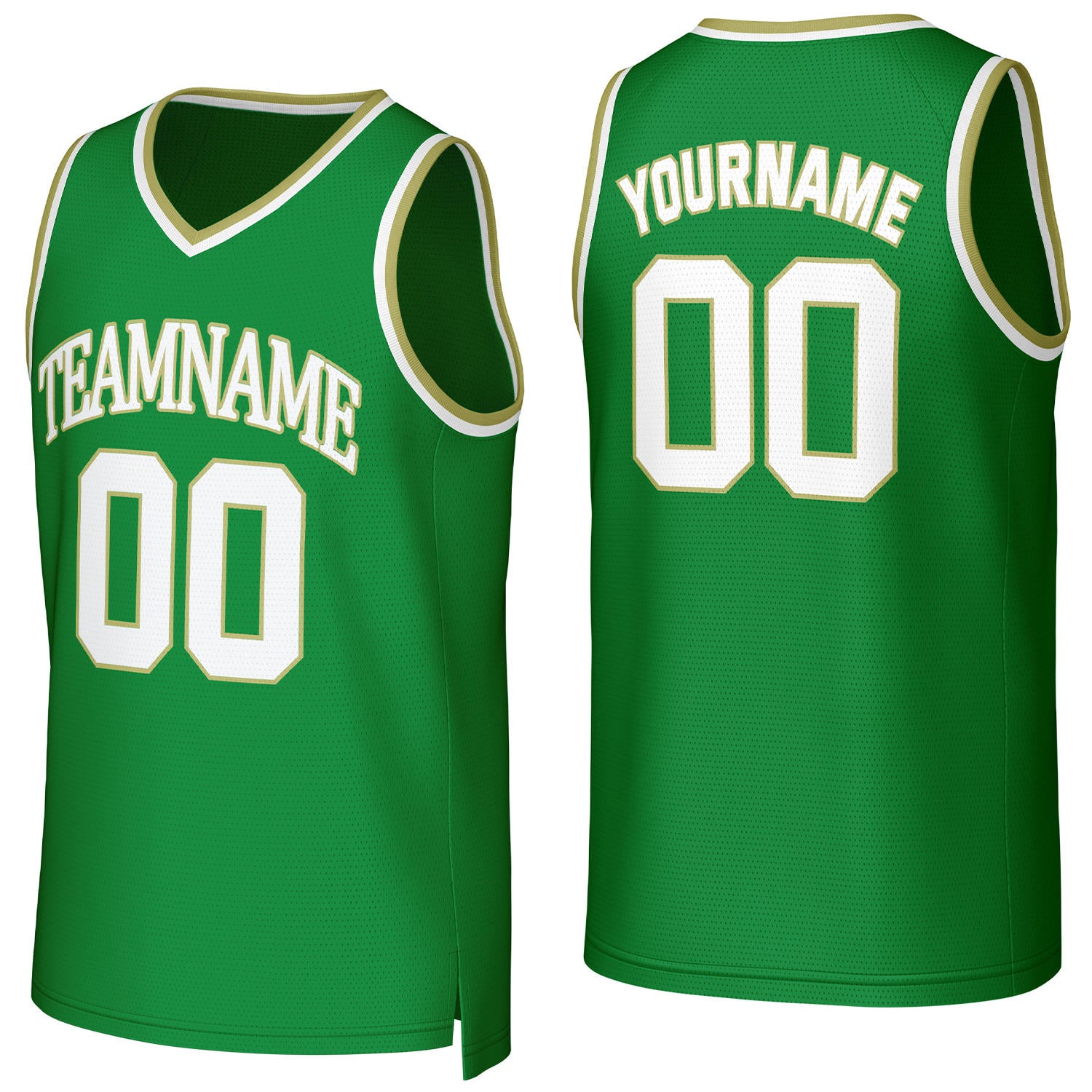 Custom green & white basketball jersey by Vosoli | Personalized stitched team name, number & logo | Breathable mesh sport jersey