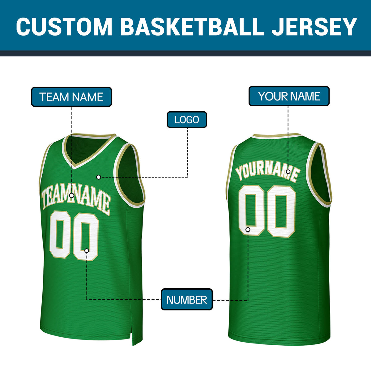 Custom Green White Stitched Basketball Jersey | Personalized Name Number Logo Mesh Sports Jersey