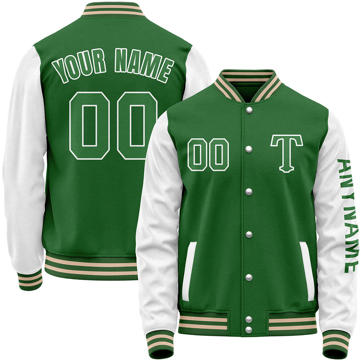 Custom green and white team baseball jacket by Vosoli with stitched name, number and logo. Classic varsity jacket for baseball and casual wear.