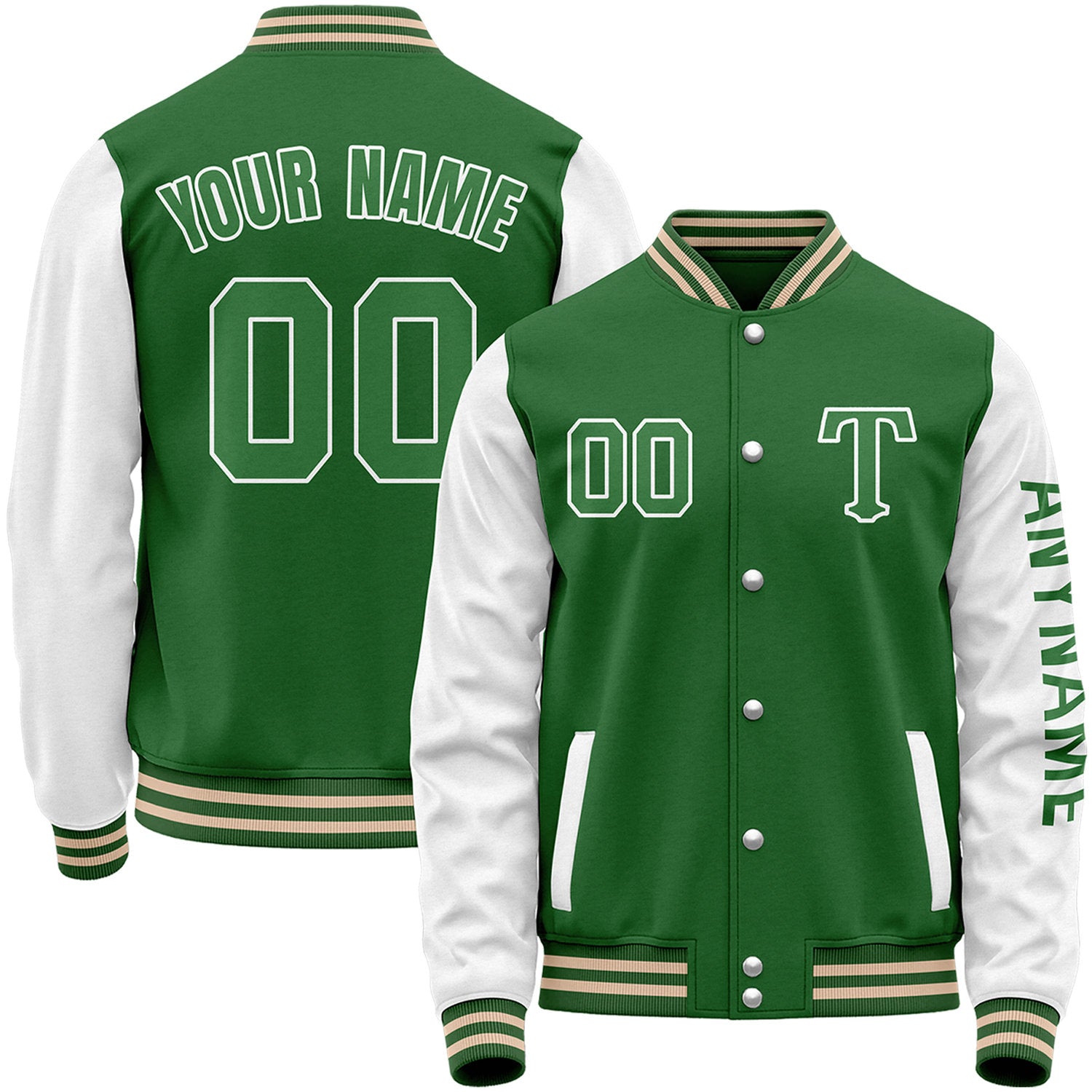 Custom green and white team baseball jacket by Vosoli with stitched name, number and logo. Classic varsity jacket for baseball and casual wear.