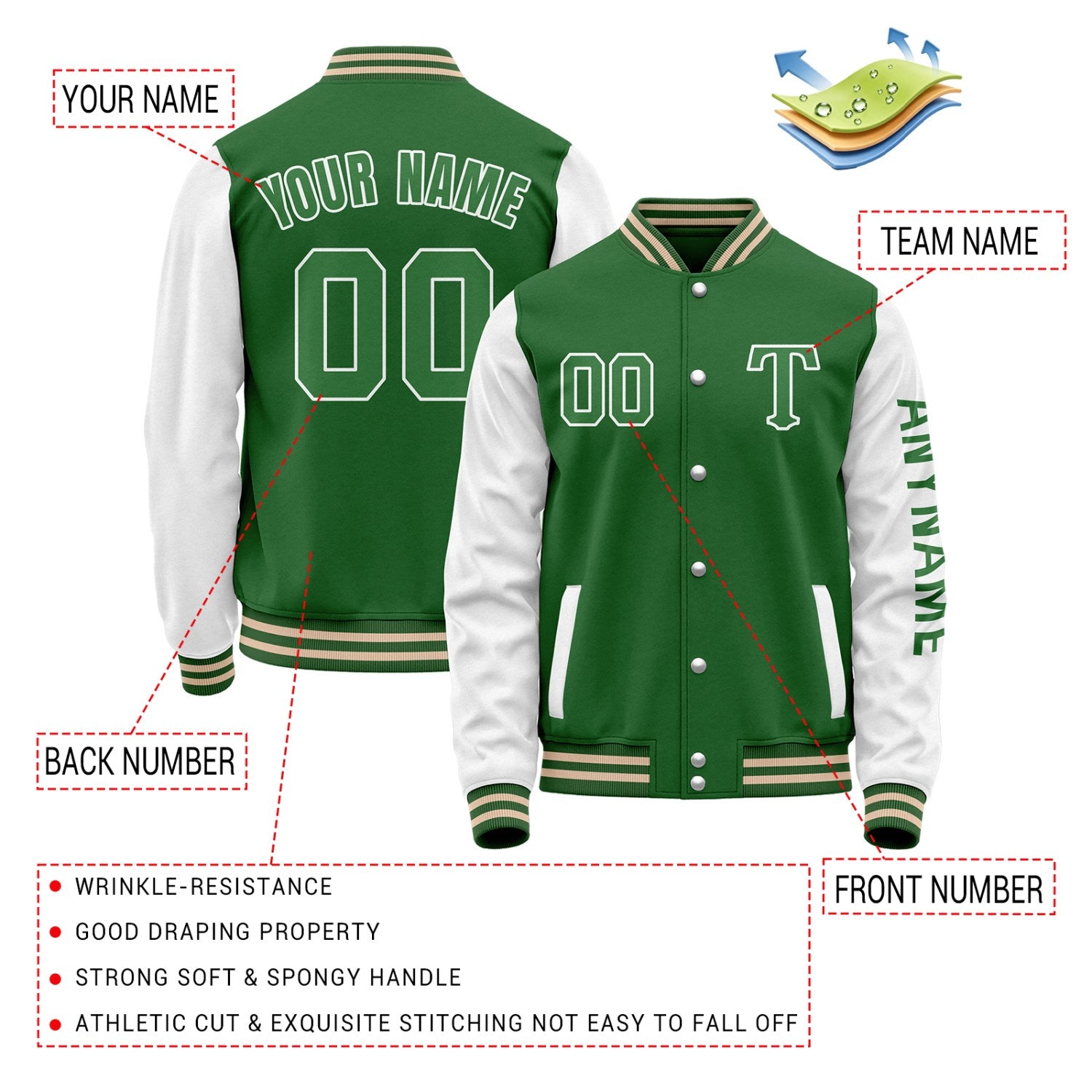 Custom Green & White Varsity Letterman Jacket | Personalized Baseball Bomber Coat for Adult & Youth