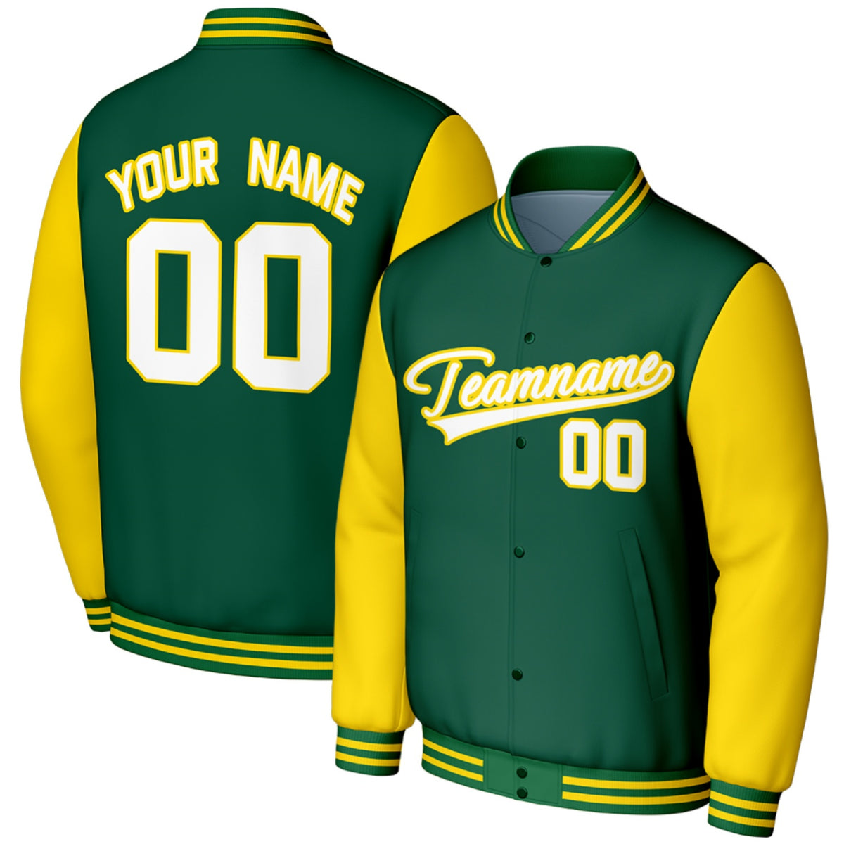 custom green yellow baseball jackets for practice by Vosoli, personalized stitched name, number &amp; logo, classic button up varsity letterman jacket for practice and casual wear