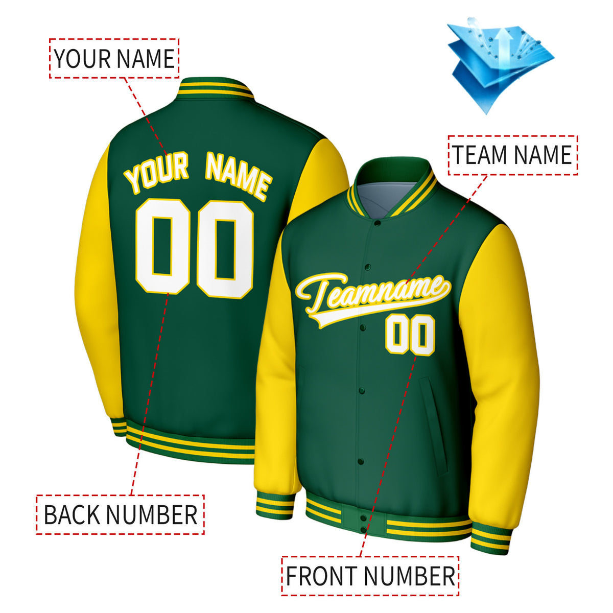 Custom Green & Yellow Varsity Baseball Jacket | Personalized Jacket with Stitched Name & Number for Adult & Youth