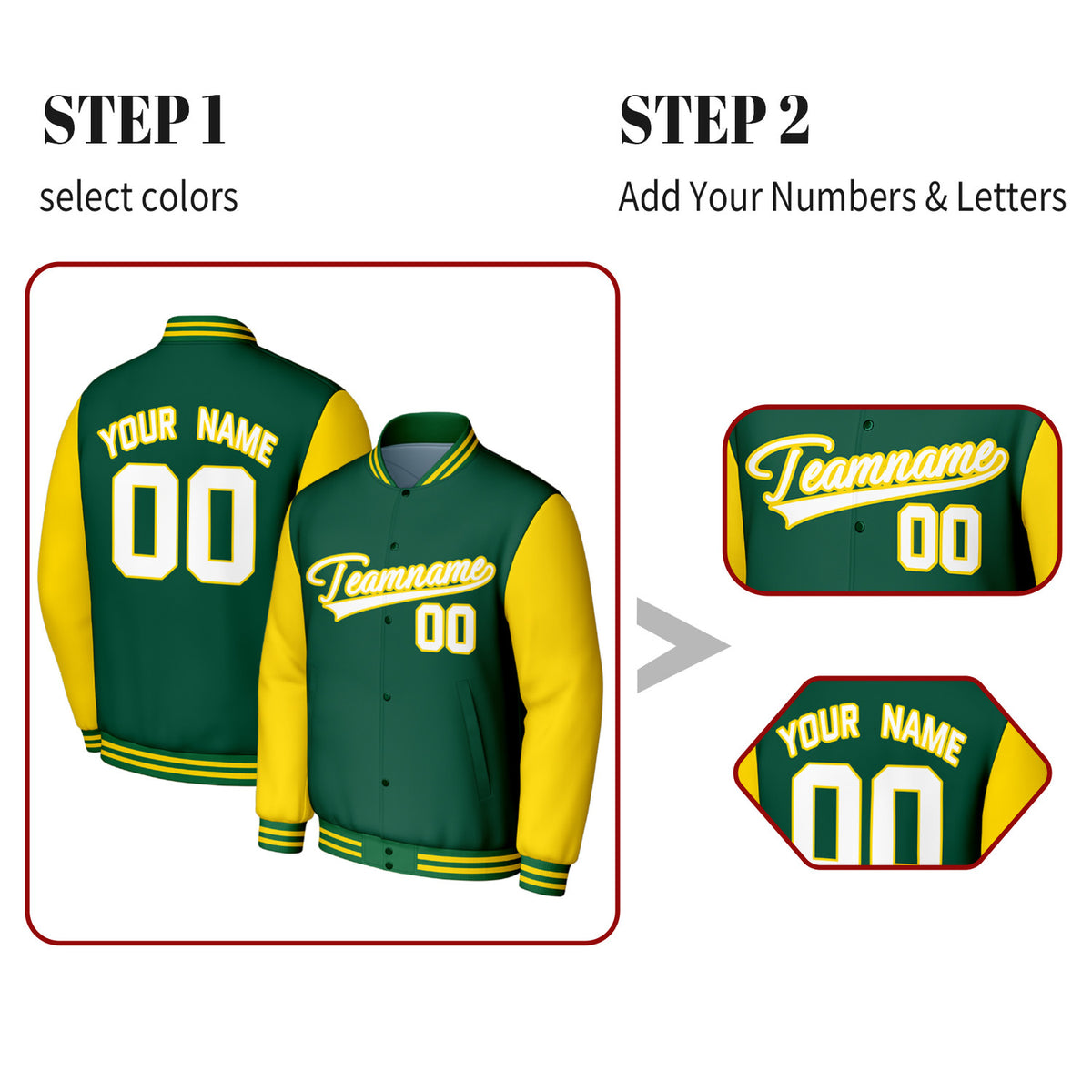 Custom Green & Yellow Varsity Baseball Jacket | Personalized Jacket with Stitched Name & Number for Adult & Youth