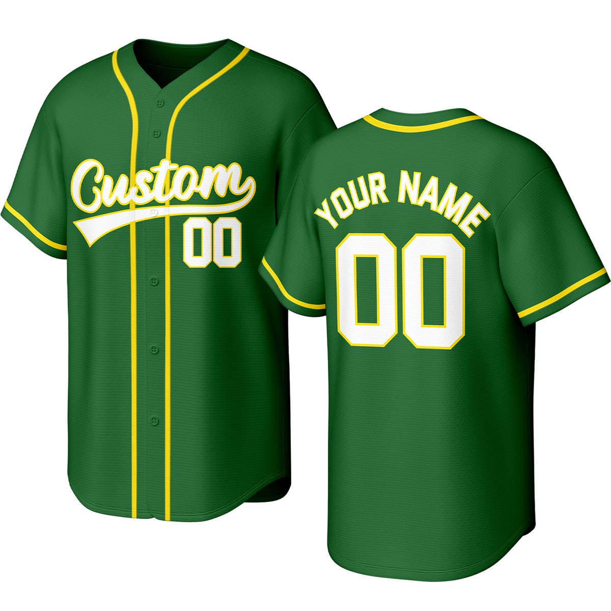 Custom green &amp; yellow baseball jersey with logo, personalized name &amp; number, button-front short-sleeve sports uniform for team men women youth game practice - Vosoli