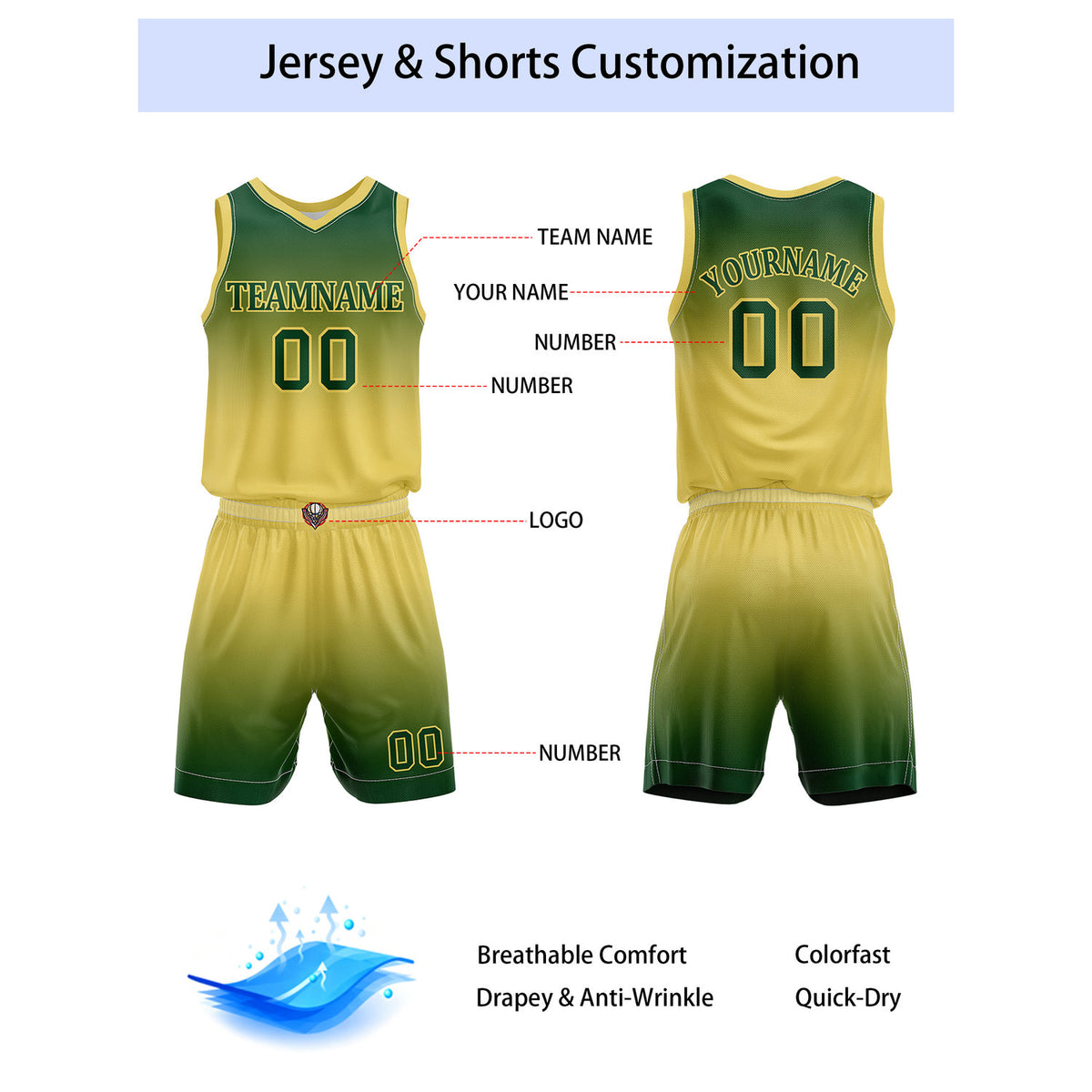 Custom Green & Yellow Gradient Basketball Jersey + Shorts Set - Personalized Team Name, Number | Vosoli