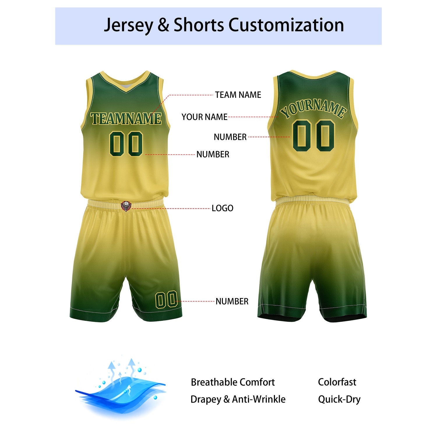 Custom Green & Yellow Gradient Basketball Jersey + Shorts Set - Personalized Team Name, Number | Vosoli