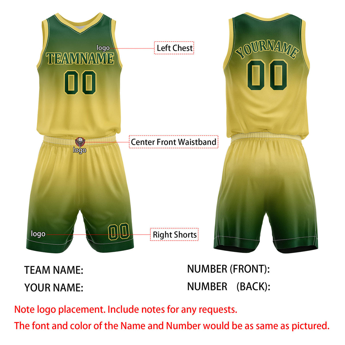 Custom Green & Yellow Gradient Basketball Jersey + Shorts Set - Personalized Team Name, Number | Vosoli