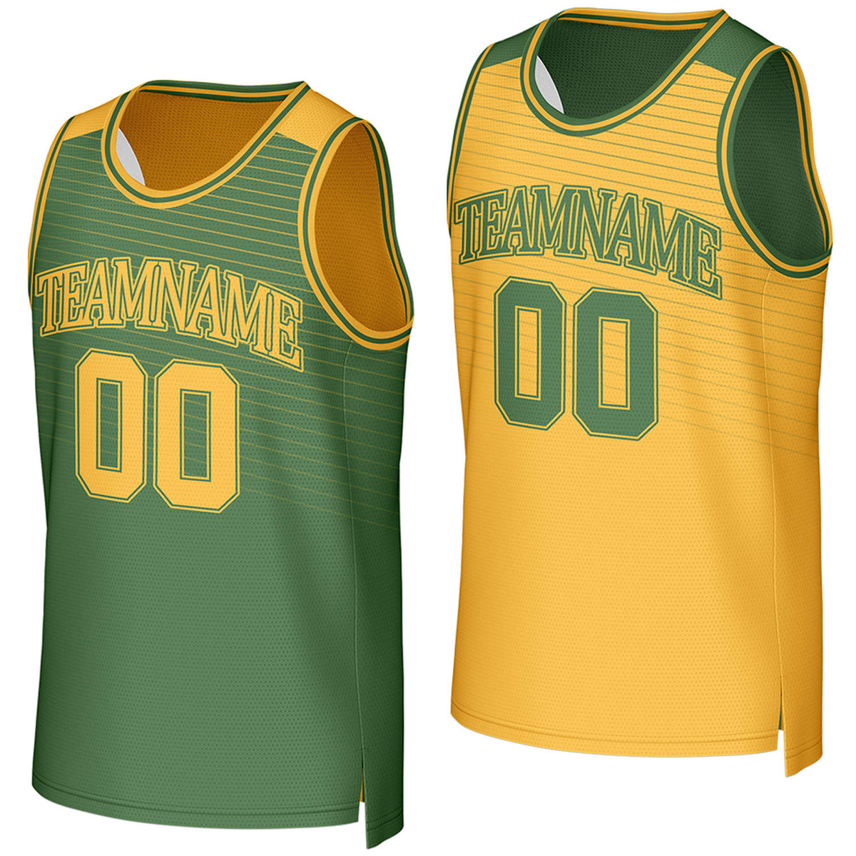 Custom green & yellow reversible basketball jersey by Vosoli. Personalized with team name, player name, number, and logo on both sides. Breathable mesh 2-in-1 jersey for high school, college, AAU teams.