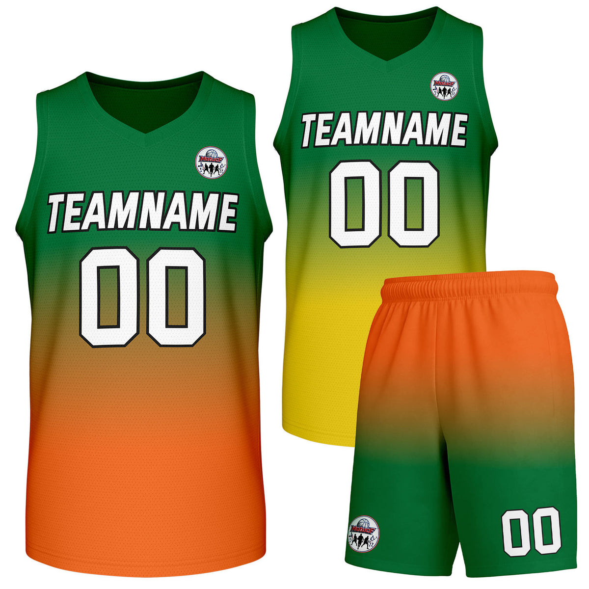 Custom green-to-orange gradient basketball uniform set, personalized team name number logo breathable mesh sports jersey and shorts for men women youth game practice - Vosoli