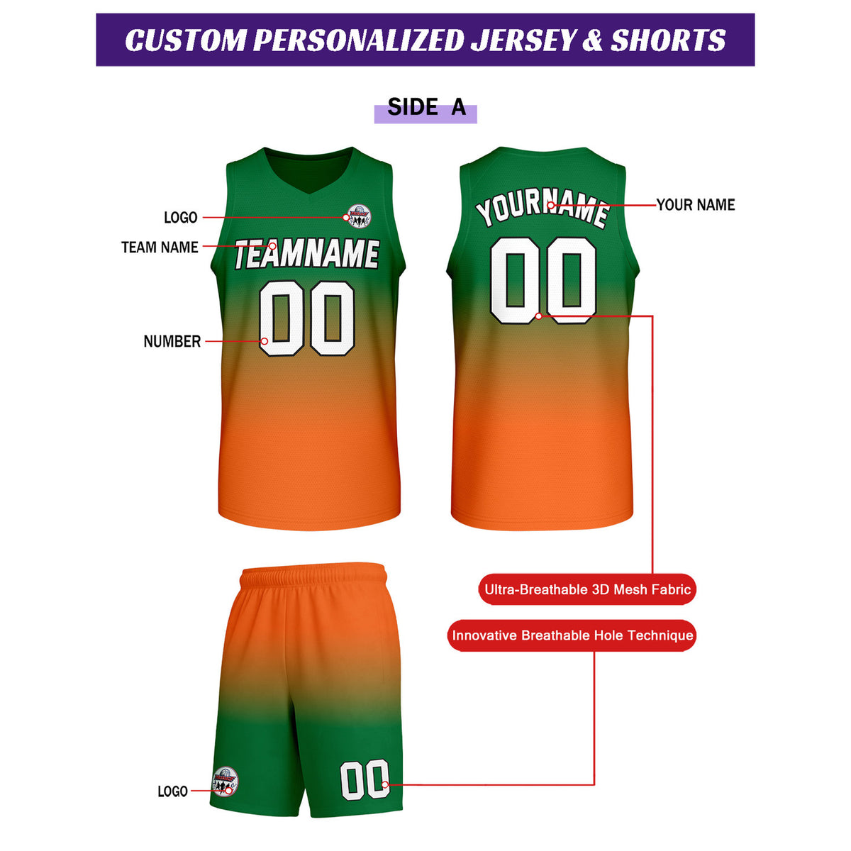 Custom Green-Yellow-Orange Gradient Basketball Uniform Set | Personalized Team Name & Number - Vosoli