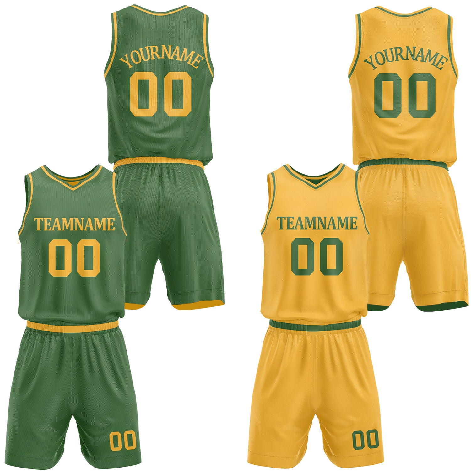 Custom green & yellow reversible basketball jersey shorts set by Vosoli | Personalized team name number casual uniform sportswear
