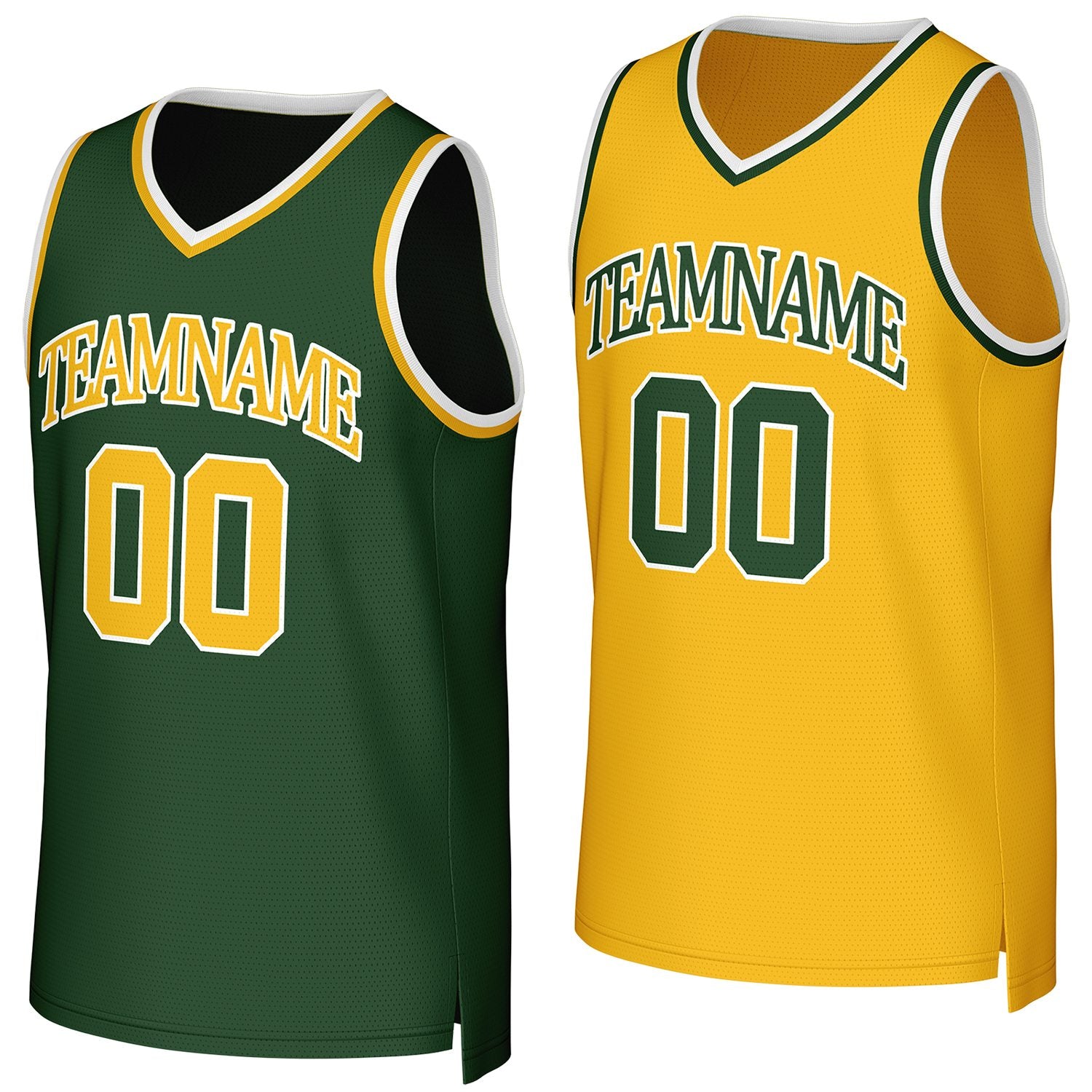 Custom green & yellow reversible basketball jersey by Vosoli | Personalized team name & number sportswear