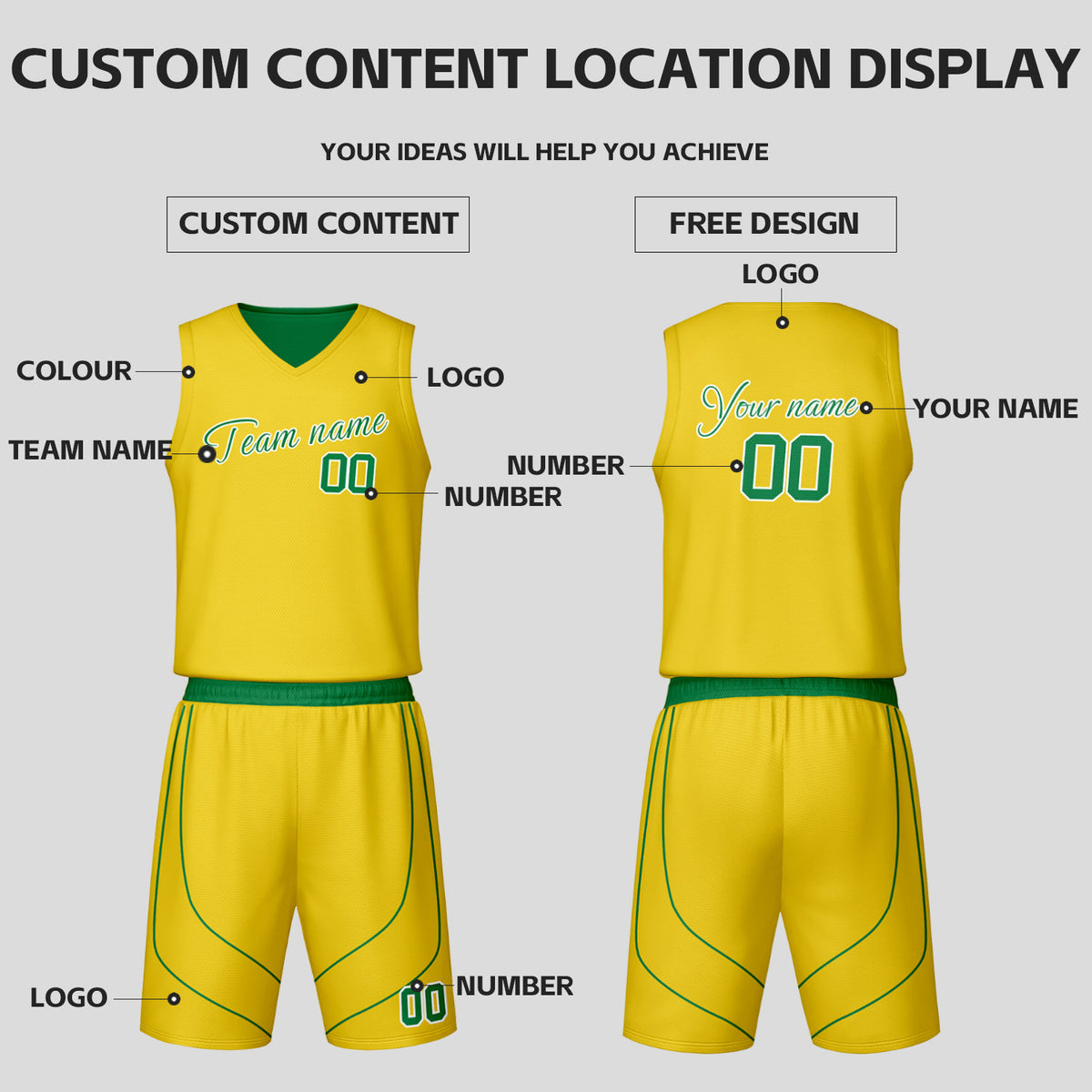 Custom Green & Yellow Reversible Basketball Jersey Shorts Set | Personalized Team Uniform