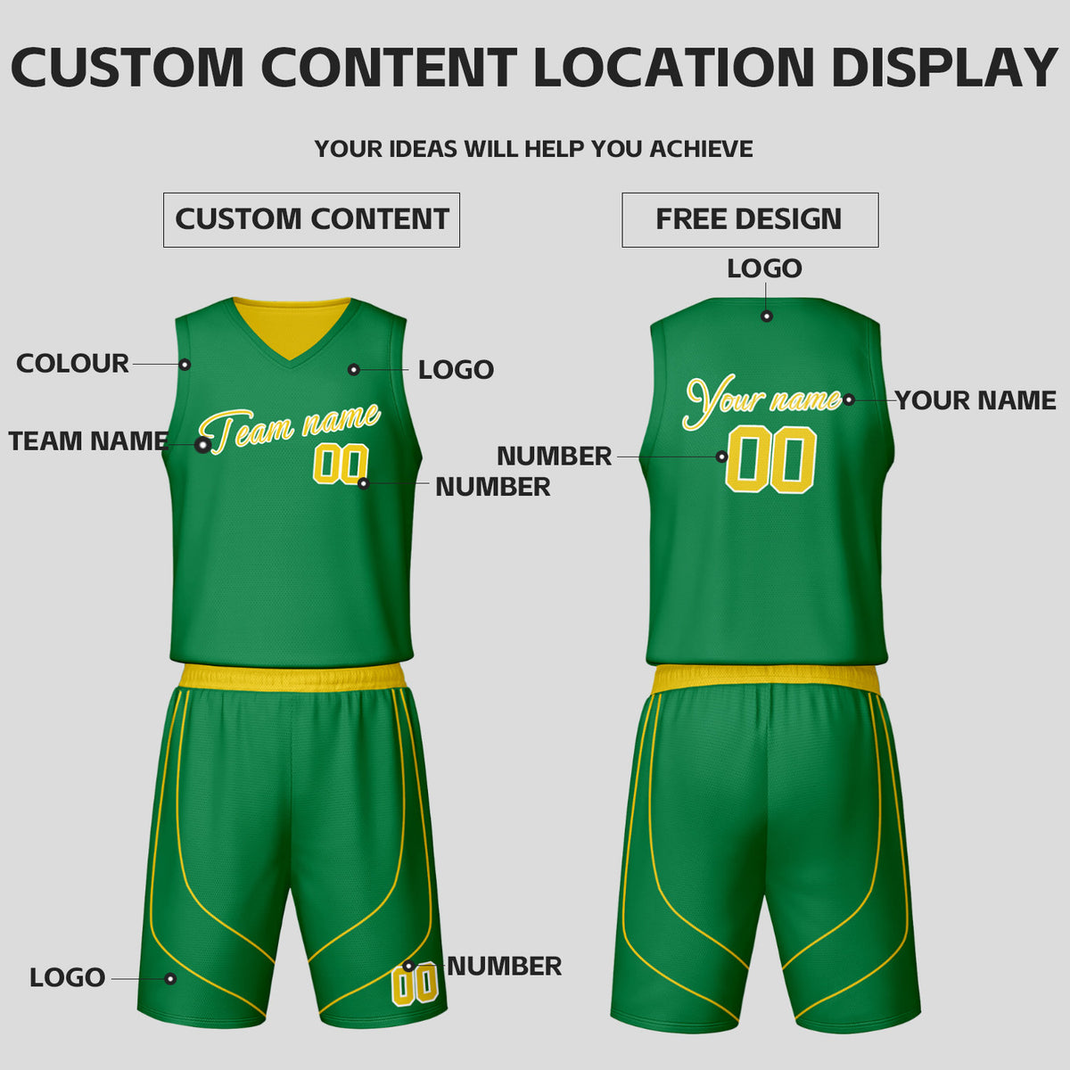 Custom Green & Yellow Reversible Basketball Jersey Shorts Set | Personalized Team Uniform