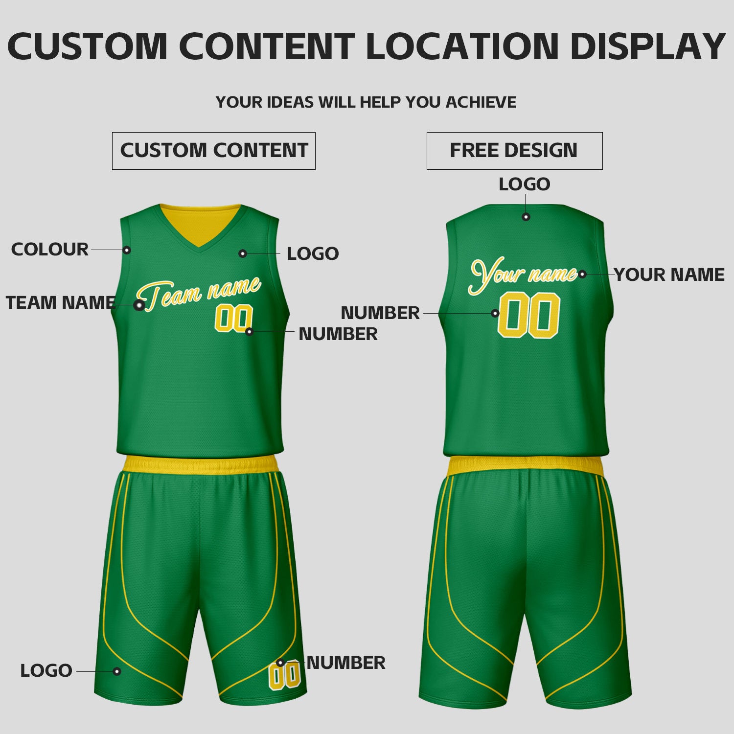 Custom Green & Yellow Reversible Basketball Jersey Shorts Set | Personalized Team Uniform