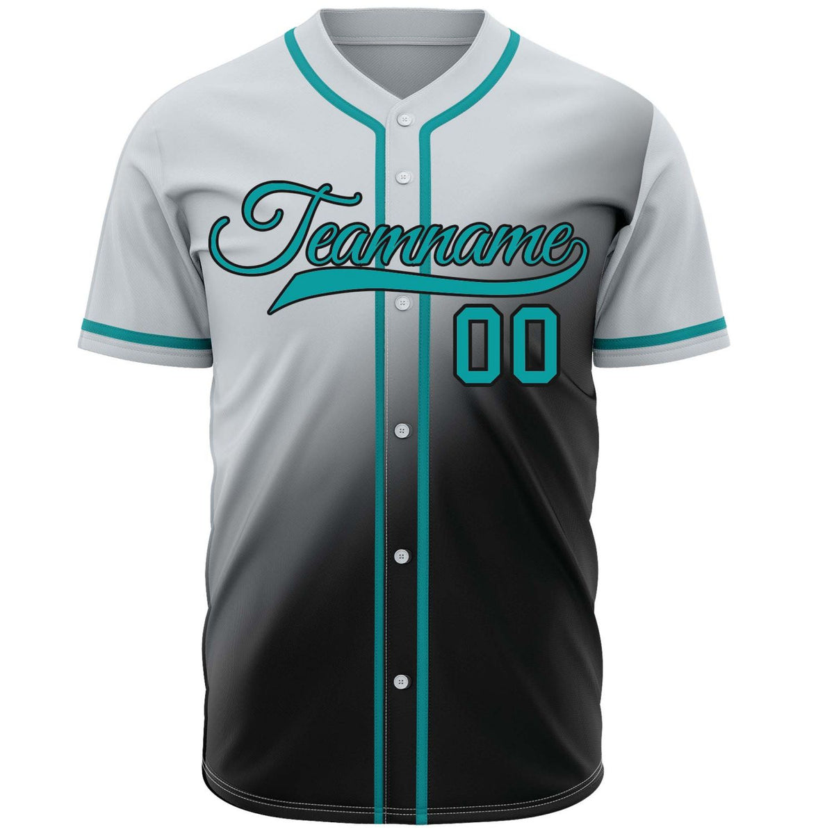 Custom gray to black gradient baseball jersey, button-front style with teal trim, suitable for team sports and casual wear - Vosoli