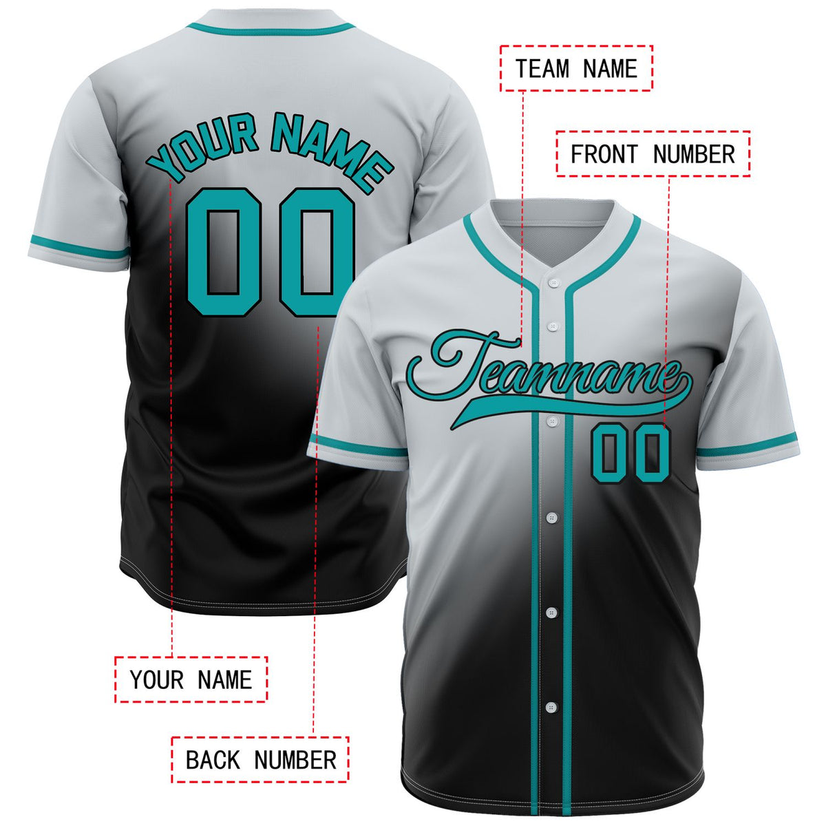 Custom Grey and Black Gradient Baseball Jersey - Personalized Teal Trim Team Uniforms