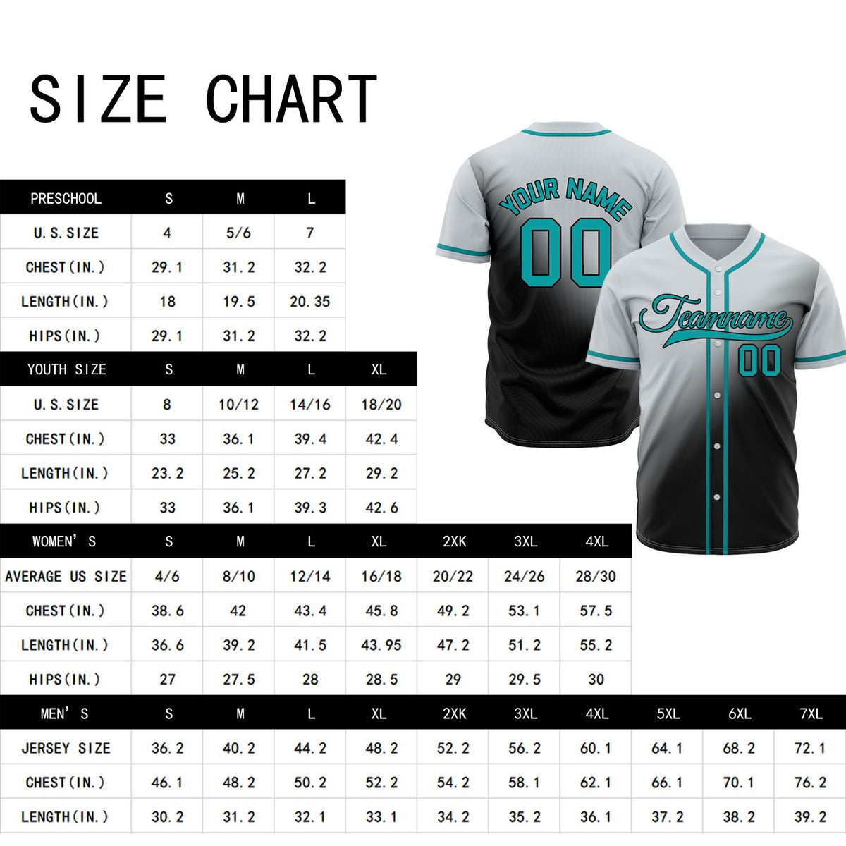 Custom Grey and Black Gradient Baseball Jersey - Personalized Teal Trim Team Uniforms