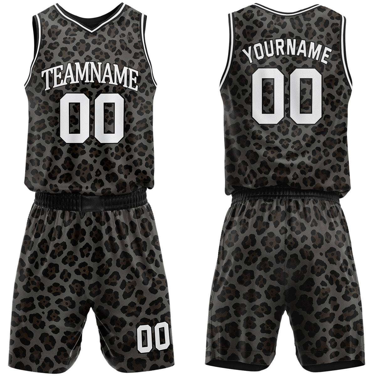 Custom grey leopard print basketball jersey &amp; shorts set by Vosoli | Personalized team name &amp; number sportswear