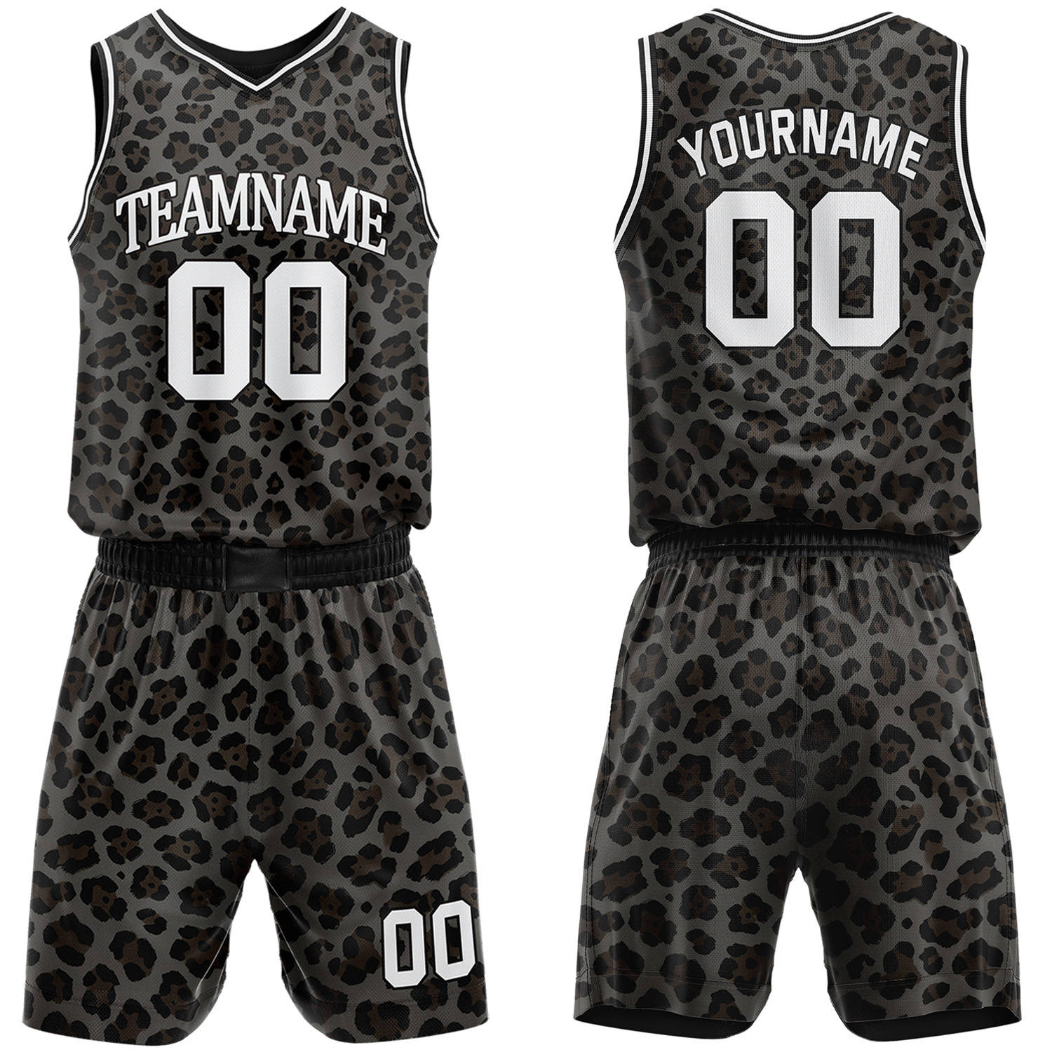 Custom grey leopard print basketball jersey & shorts set by Vosoli | Personalized team name & number sportswear
