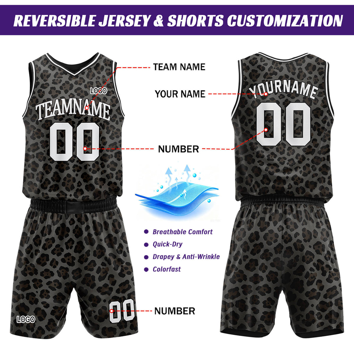 Custom Grey Leopard Print Basketball Jersey & Shorts Set | Personalized Team Uniform