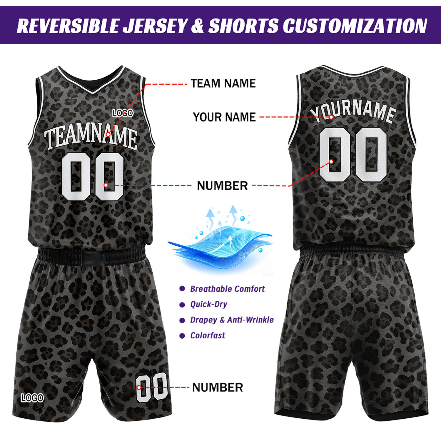 Custom grey leopard print basketball jersey & shorts set by Vosoli | Personalized team name & number sportswear