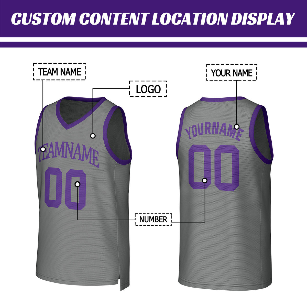 Custom Grey & Purple Basketball Jersey | Personalized Name & Number Team Uniform