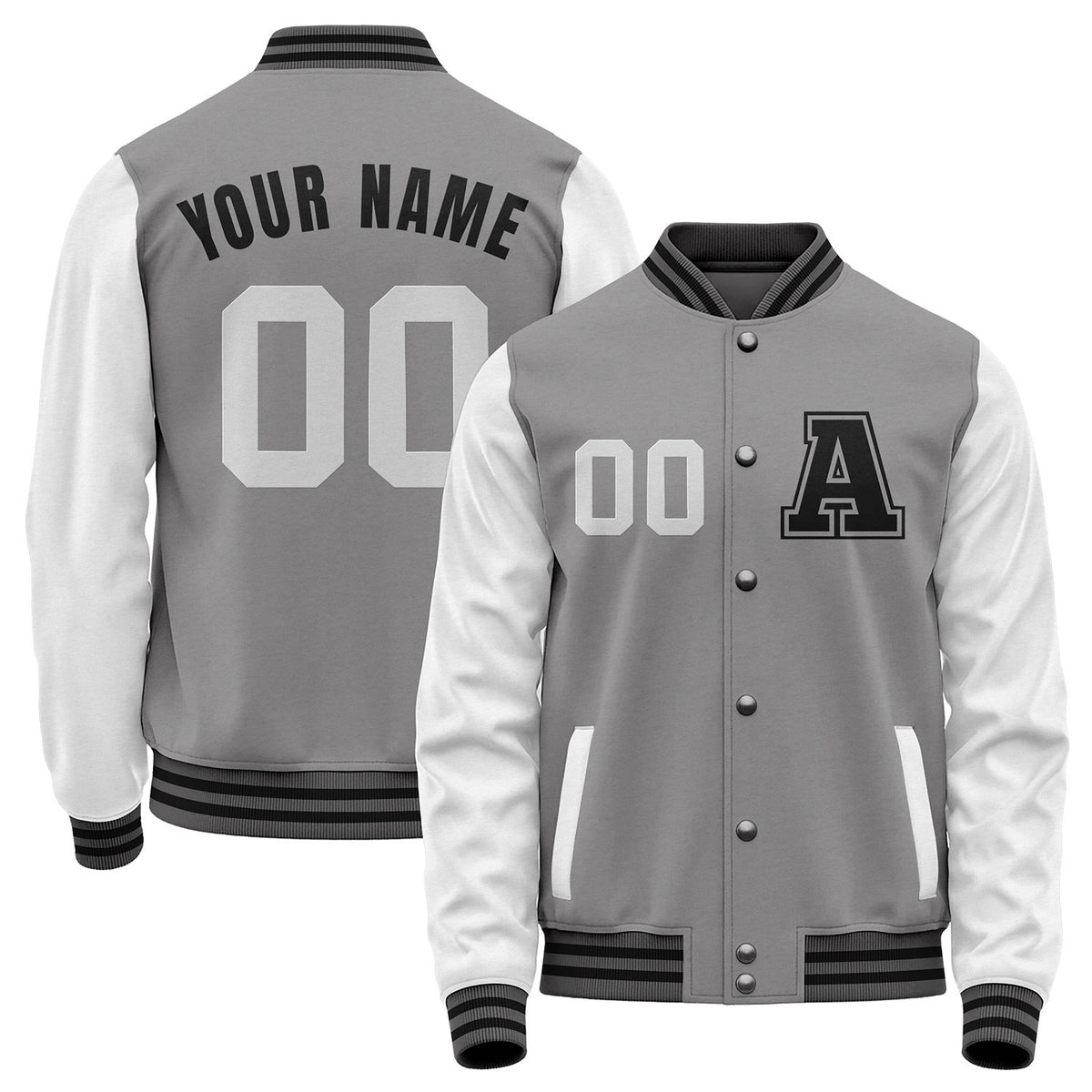 Custom grey and white high school baseball team jackets by Vosoli with stitched name, number and logo. Classic varsity jacket for baseball and casual wear.