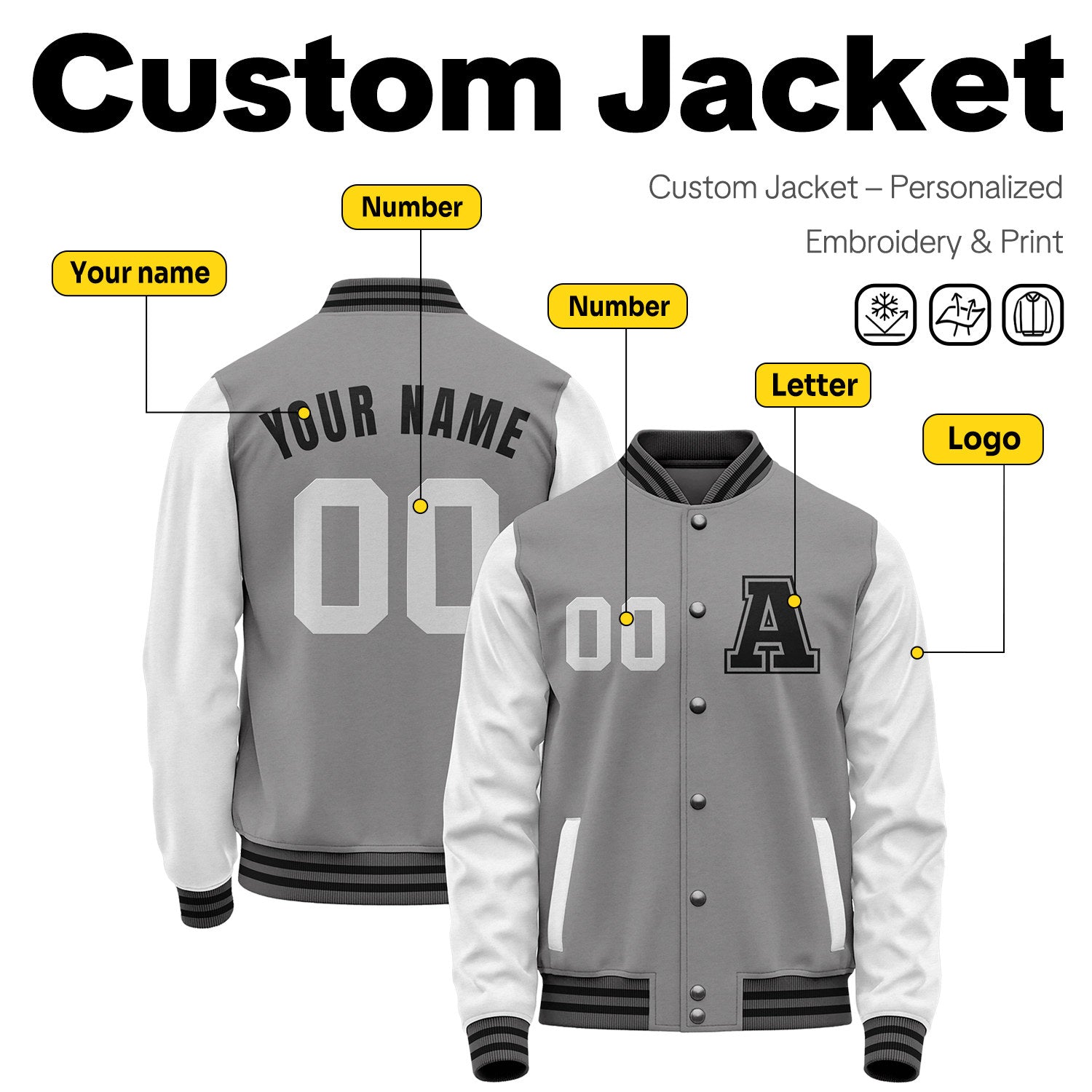 Custom Varsity Jacket with Embroidered Name & Number | Grey & White Personalized Team Letterman Bomber