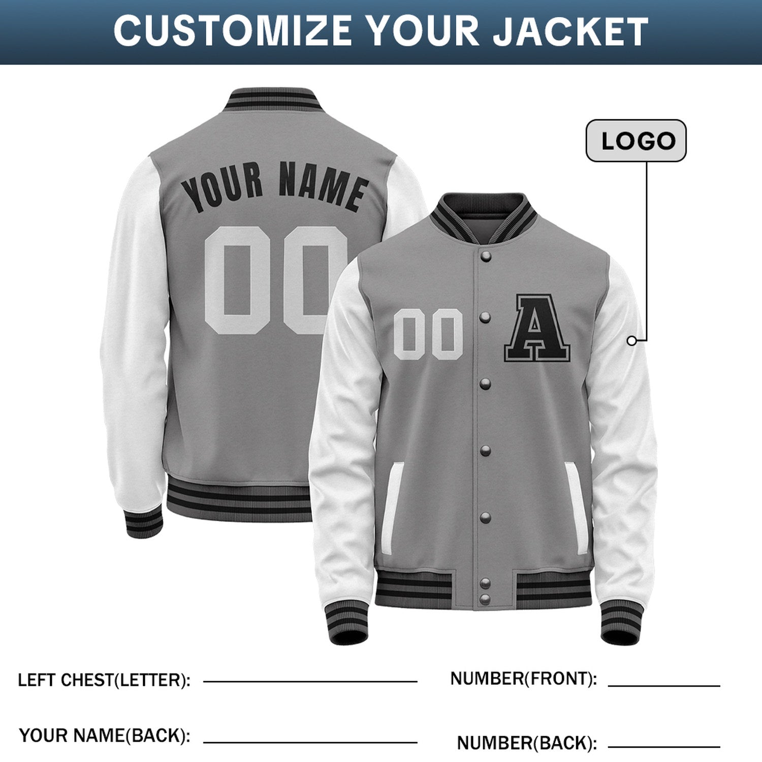 Custom Varsity Jacket with Embroidered Name & Number | Grey & White Personalized Team Letterman Bomber