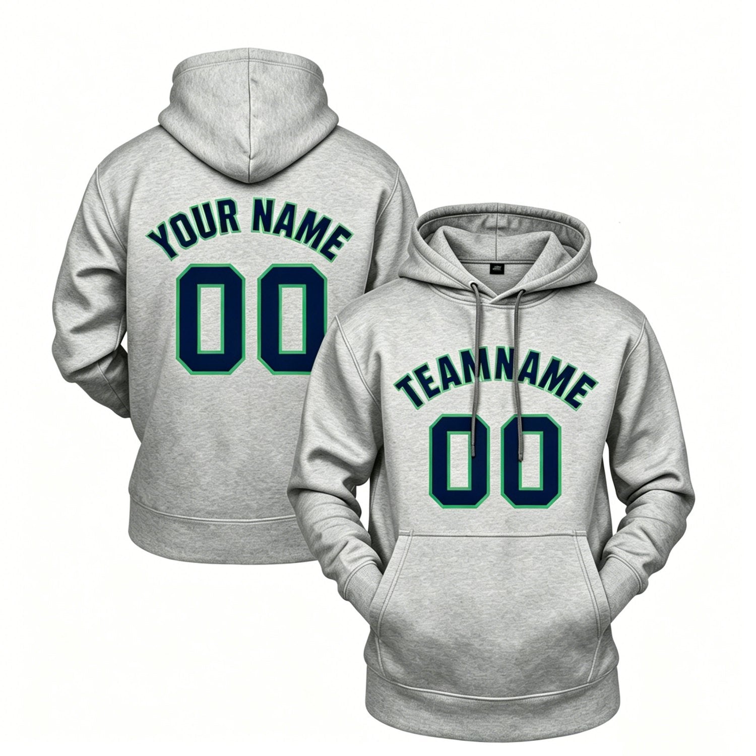 Custom heather grey hoodie with navy print, personalized name & number pullover, casual sports hoodie for men women youth fan wear - Vosoli