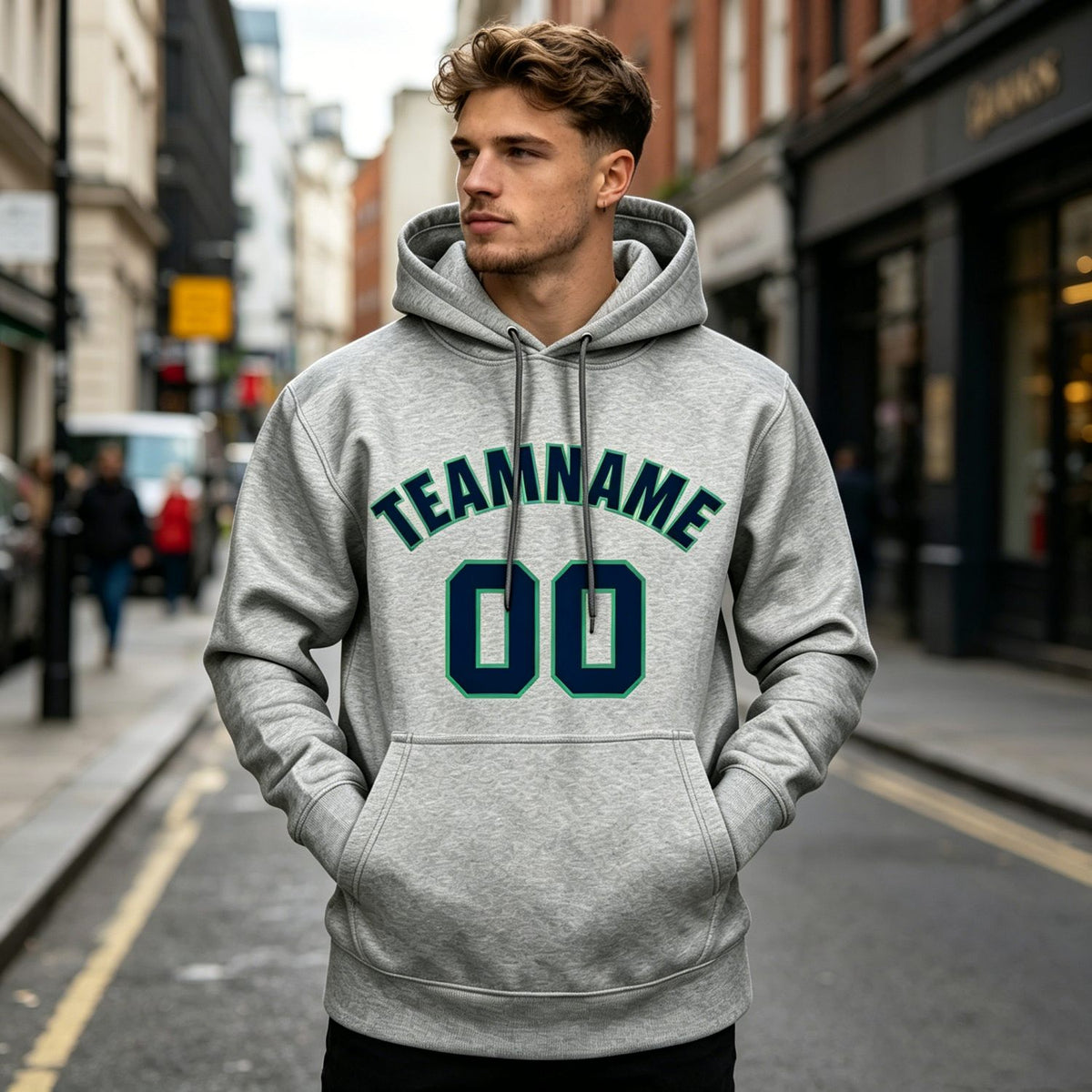 Custom Heather Grey & Navy Hoodie | Personalized Name & Number Sports Pullover | Vosoli
