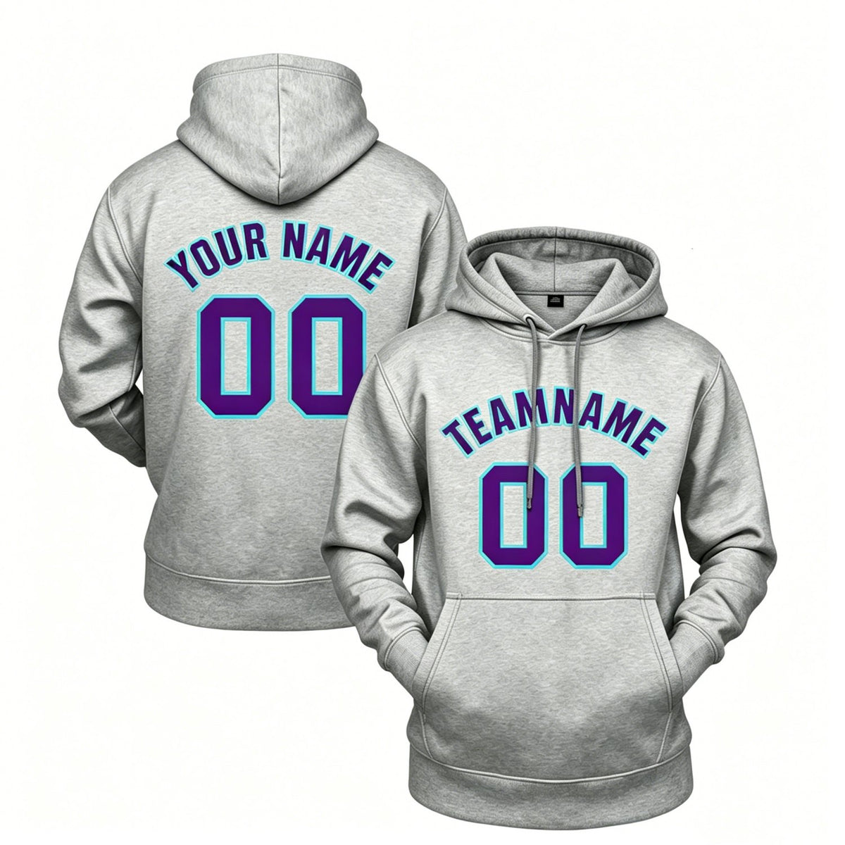 Custom heather grey hoodie with purple print, personalized name &amp; number pullover, casual sports hoodie for men women youth fan wear - Vosoli