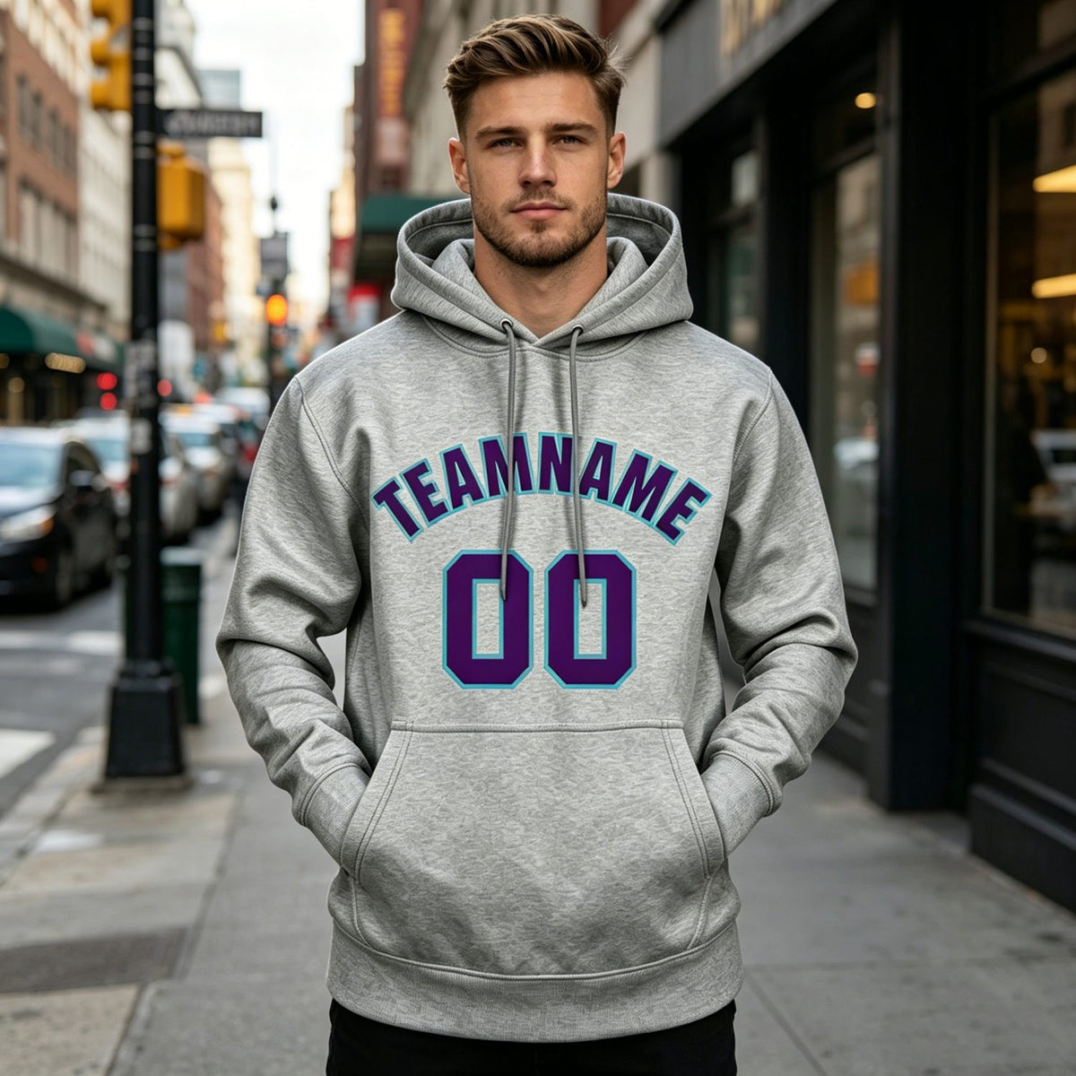 Custom Heather Grey & Purple Hoodie | Personalized Name & Number Sports Pullover | Vosoli
