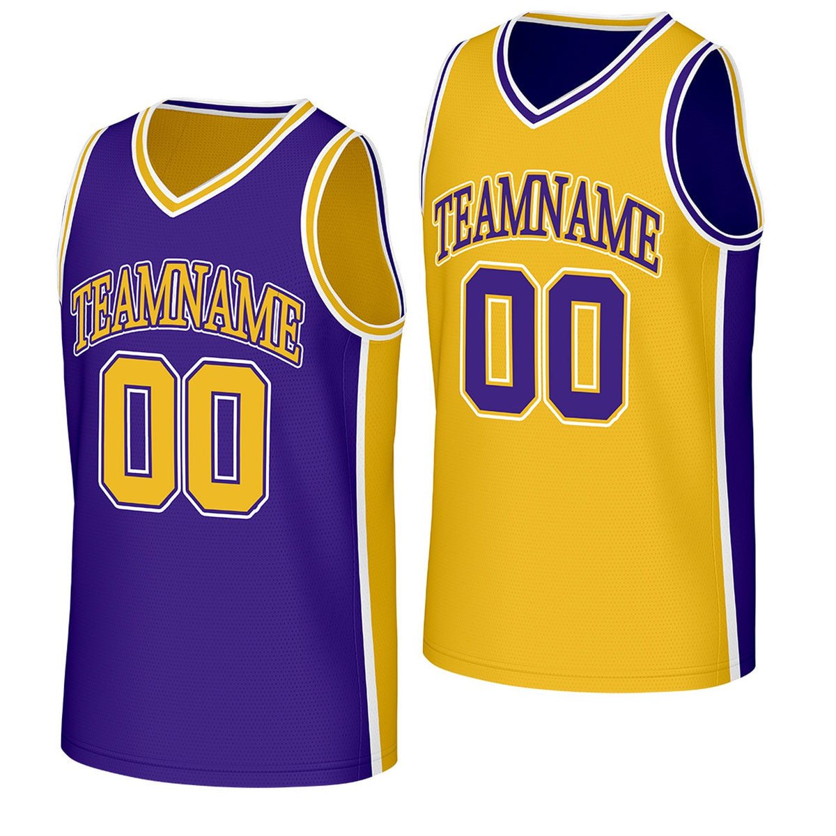 custom heavyweight mesh basketball jerseys purple gold reversible by Vosoli, Personalized team name, number &amp; logo. Fast delivery.