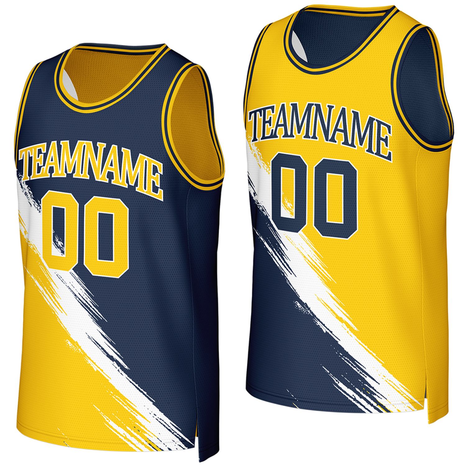 custom high school basketball jerseys navy yellow reversible by Vosoli, Personalized team name, number & logo.